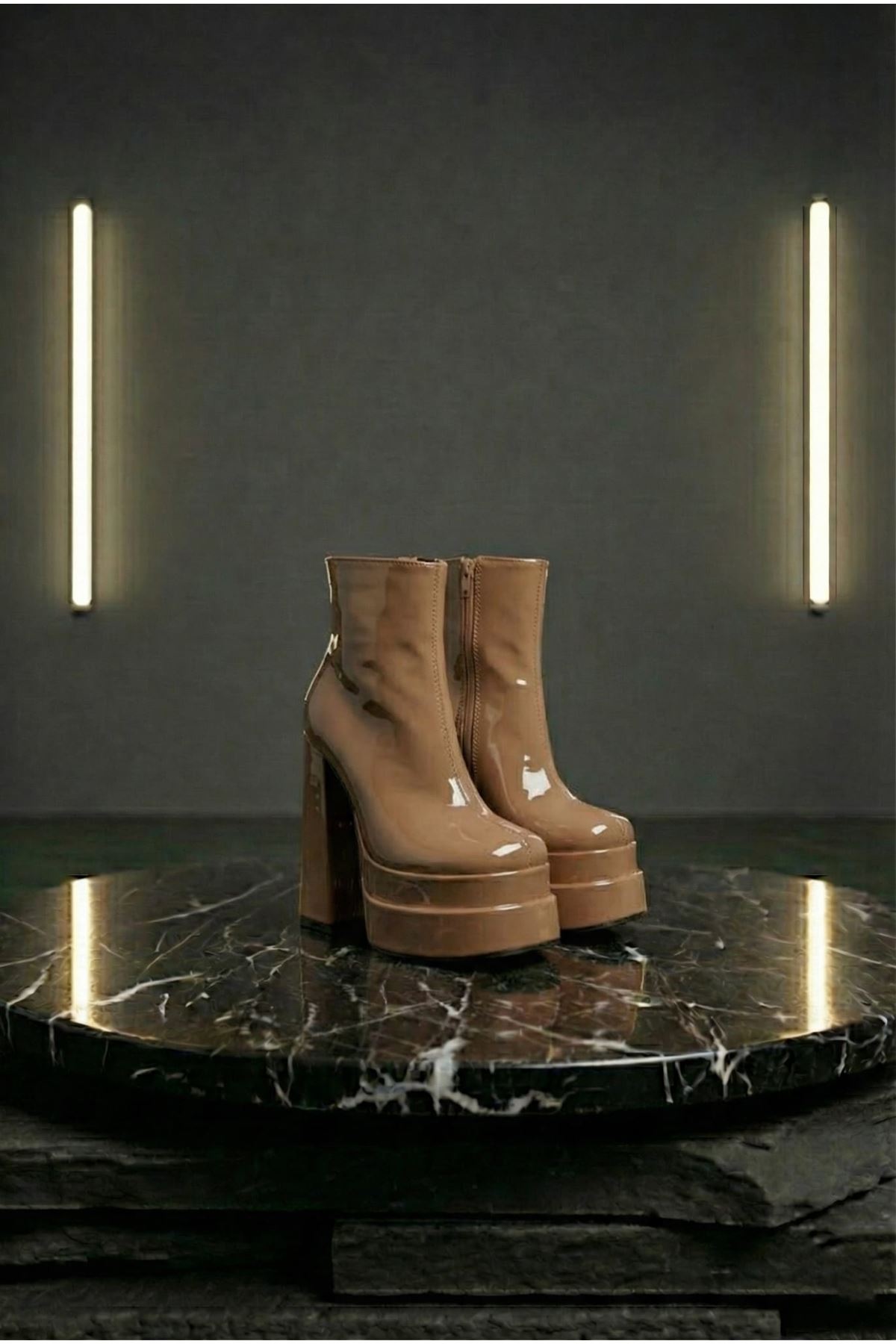 Vegaaa Ten Rugan Kare Burun Çift Platform Kalın Topuklu Kadın Bot