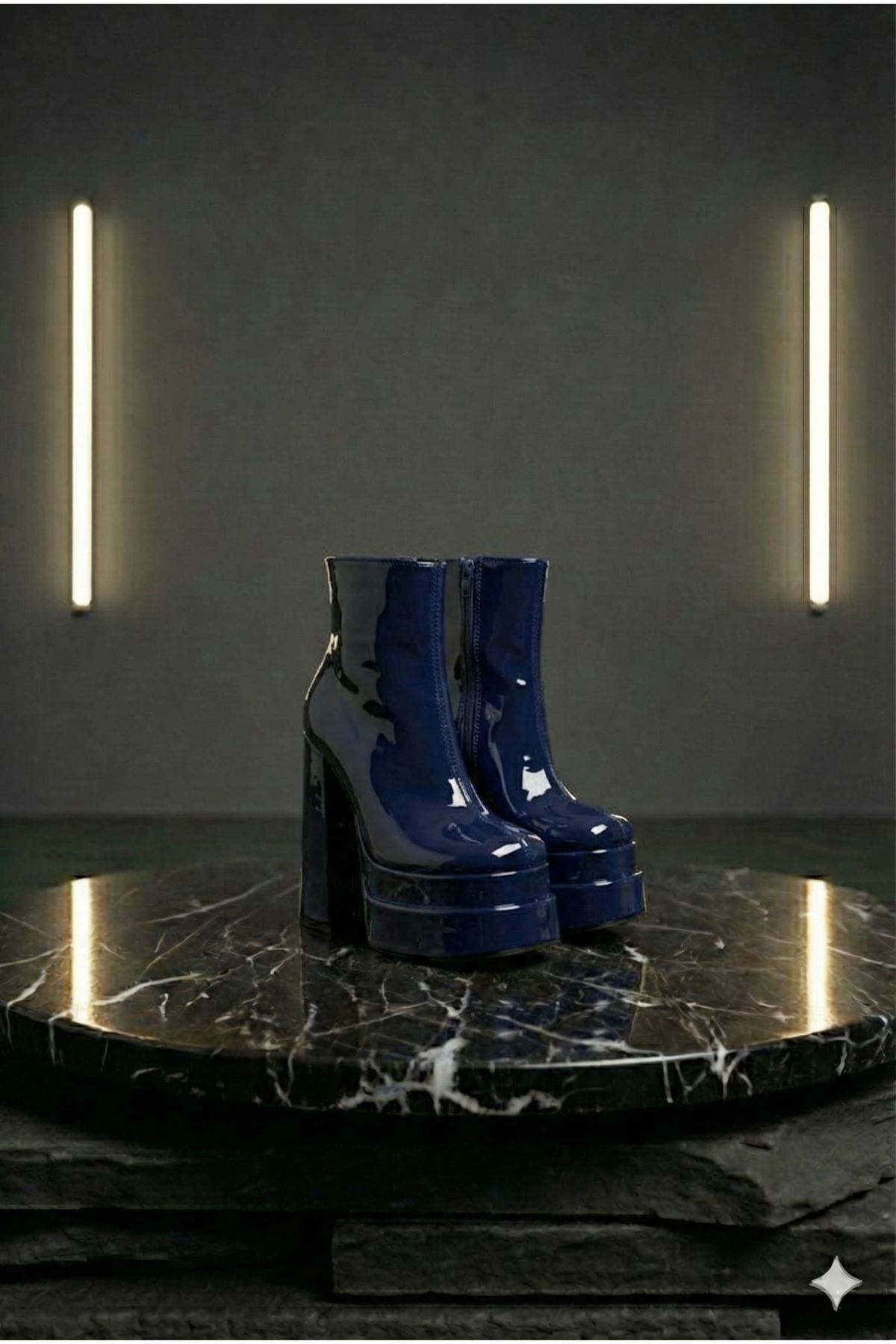 Vegaaa Lacivert Rugan Kare Burun Çift Platform Kalın Topuklu Kadın Bot