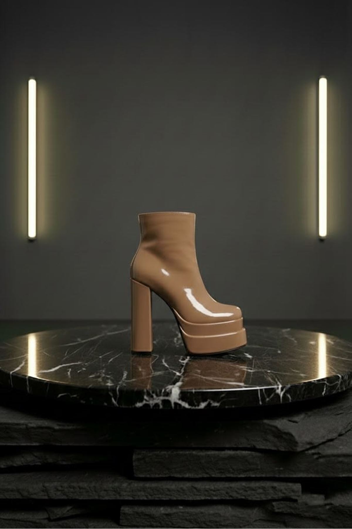 Vegaaa Ten Rugan Kare Burun Çift Platform Kalın Topuklu Kadın Bot