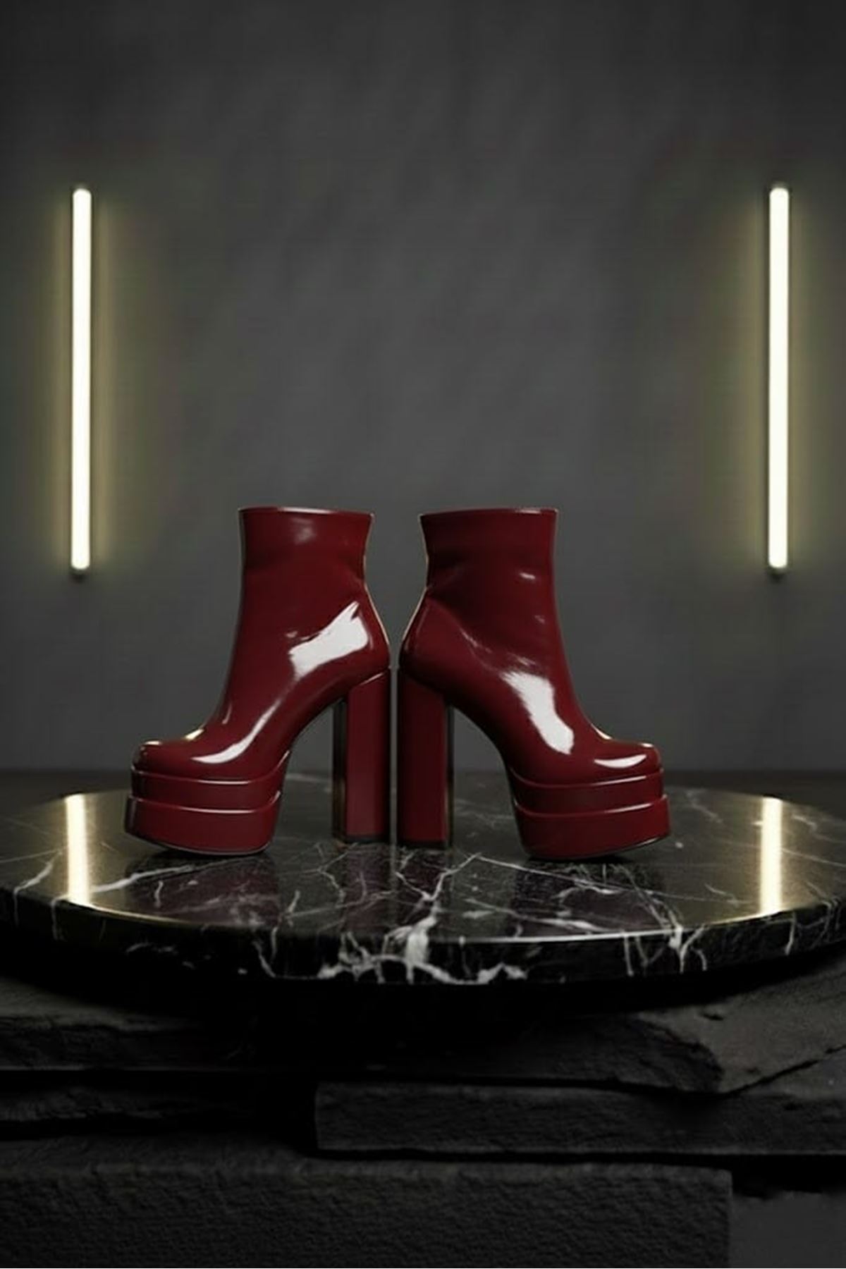 Vegaaa Bordo Rugan Kare Burun Çift Platform Kalın Topuklu Kadın Bot