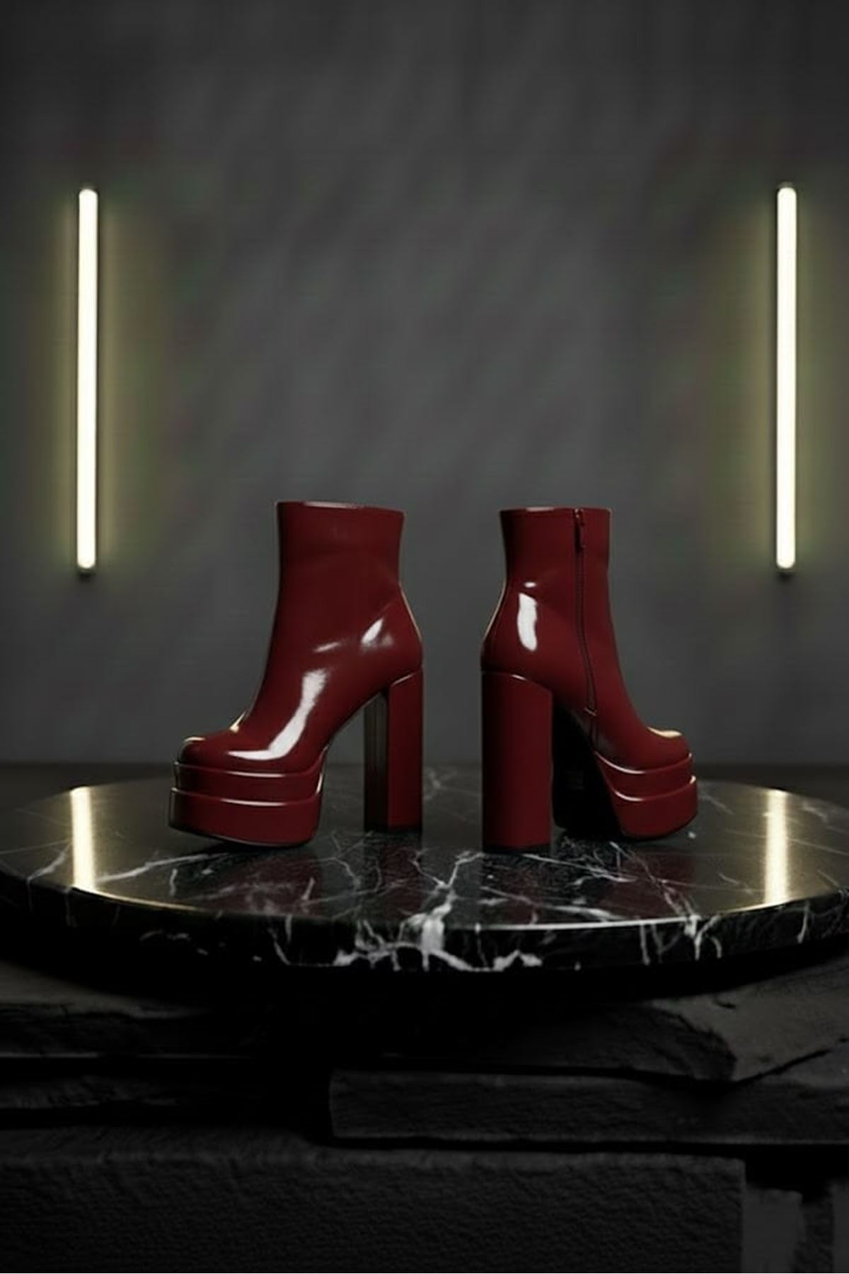 Vegaaa Bordo Rugan Kare Burun Çift Platform Kalın Topuklu Kadın Bot