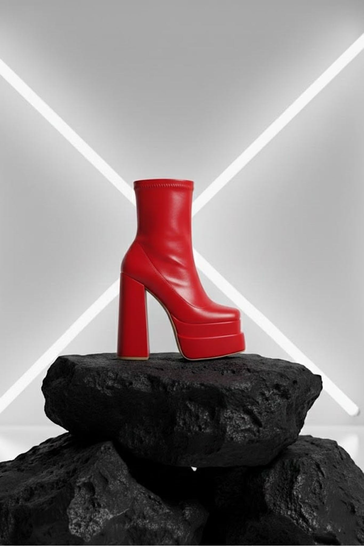 Maverickkk Kırmızı Cilt Kadın Çift Platform Kalın Topuk Bot