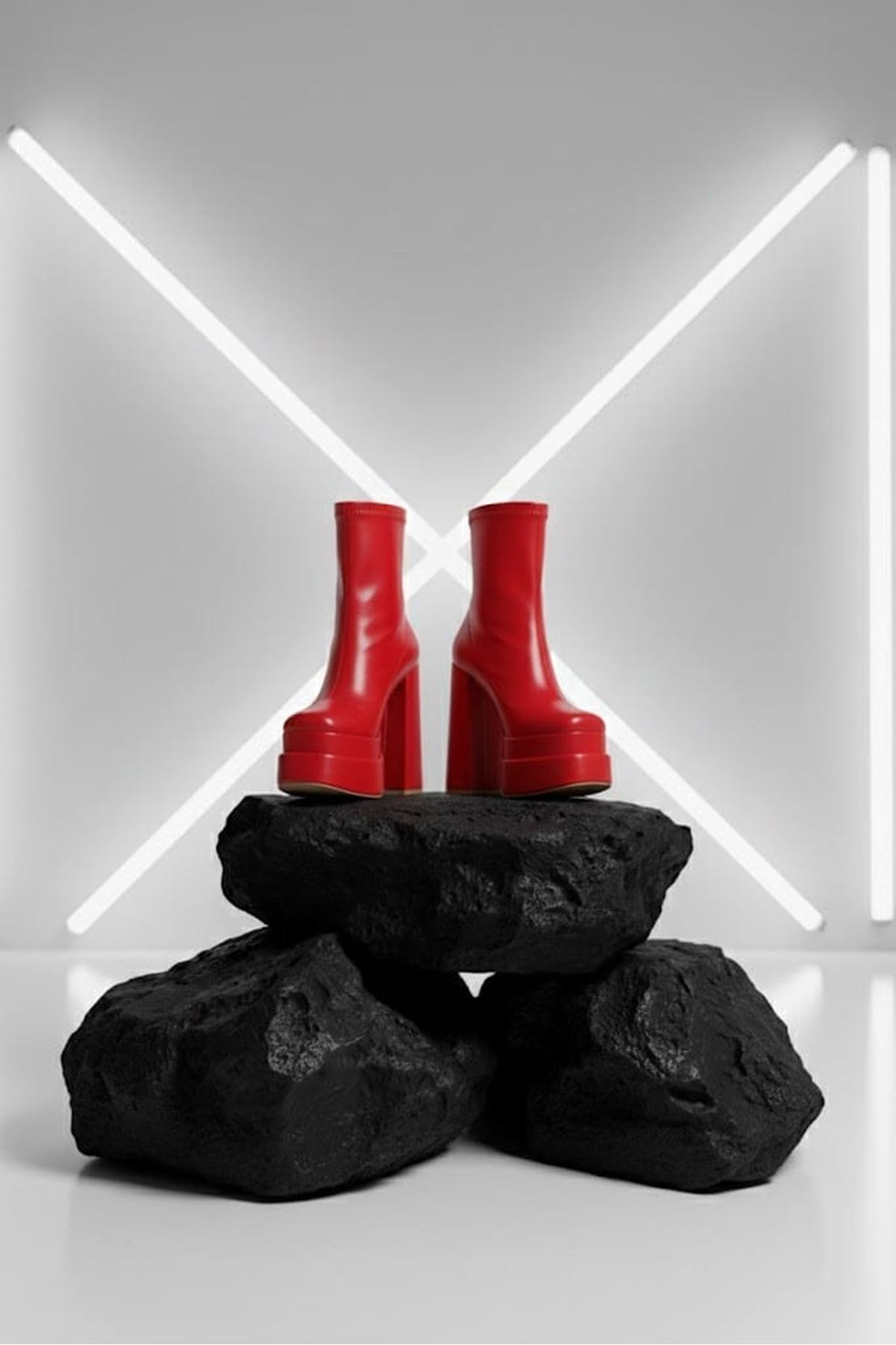 Maverickkk Kırmızı Cilt Kadın Çift Platform Kalın Topuk Bot