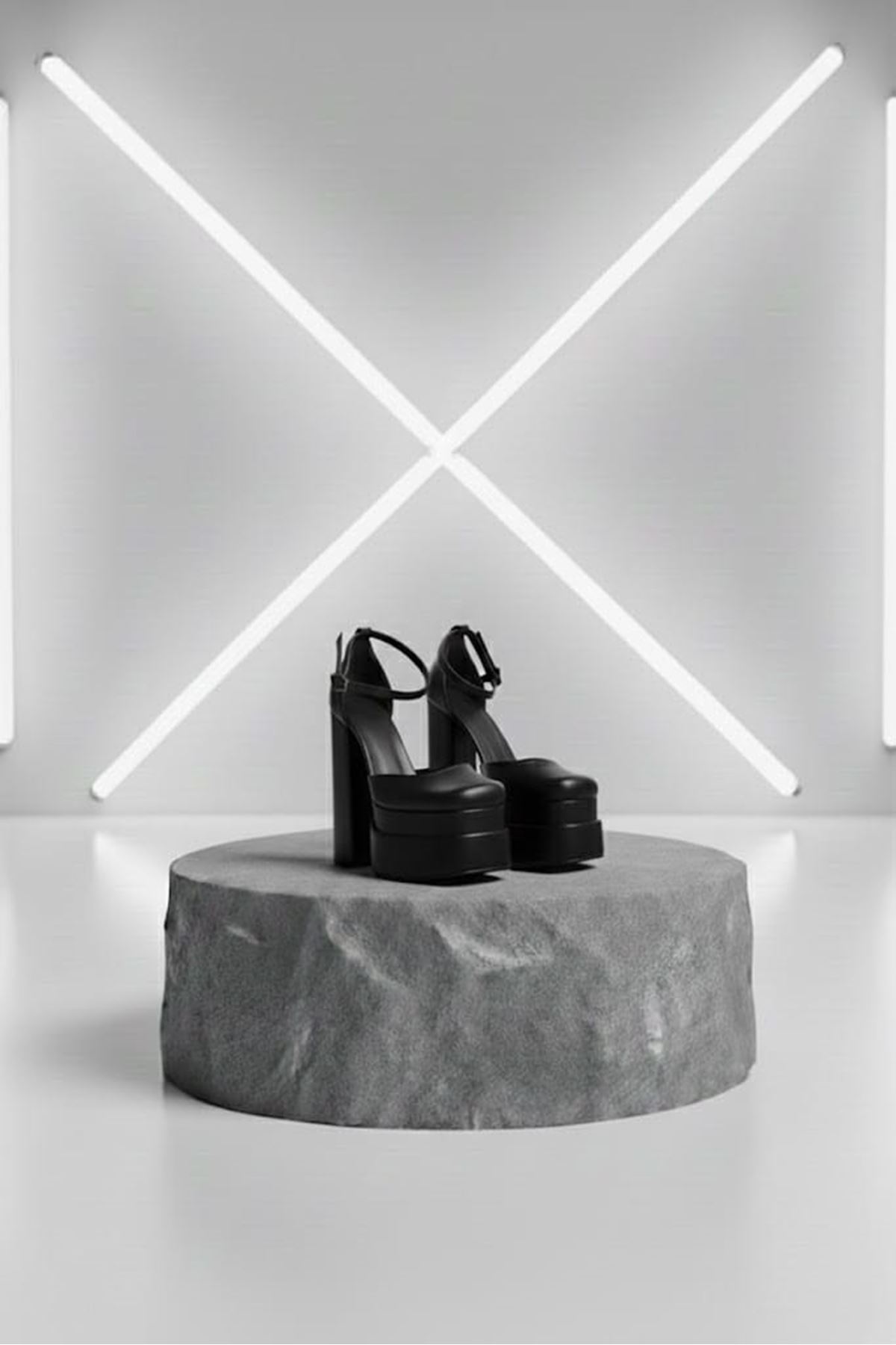 Figooo Siyah Cilt Çift Platformlu Kalın Topuklu Kadın Ayakkabı / Bilekten Bağlamalı Küt Burun