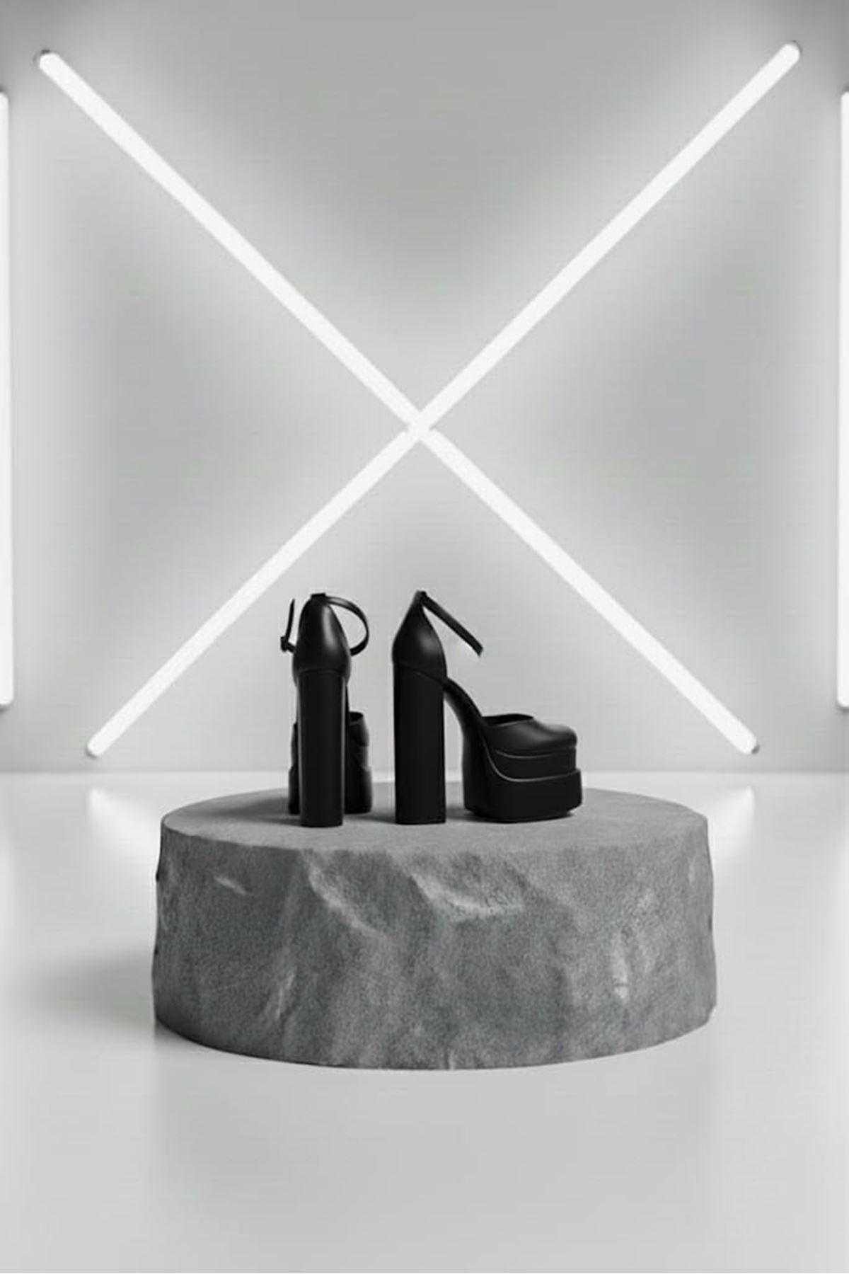 Figooo Siyah Cilt Çift Platformlu Kalın Topuklu Kadın Ayakkabı / Bilekten Bağlamalı Küt Burun