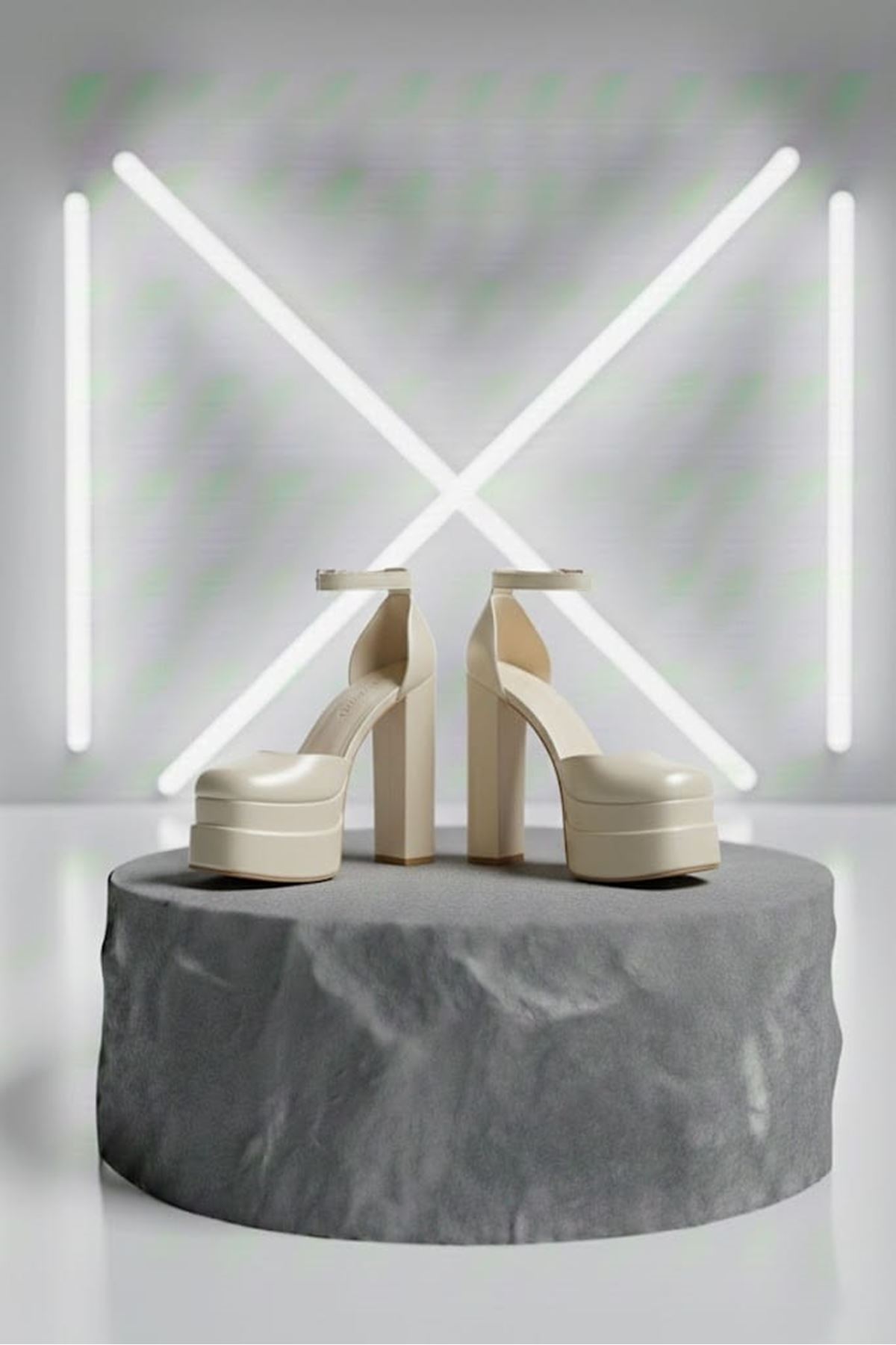 Figooo Sedef Cilt Abiye Çift Platformlu Kalın Topuklu Kadın Ayakkabı / Bilekten Bağlamalı Küt Burun