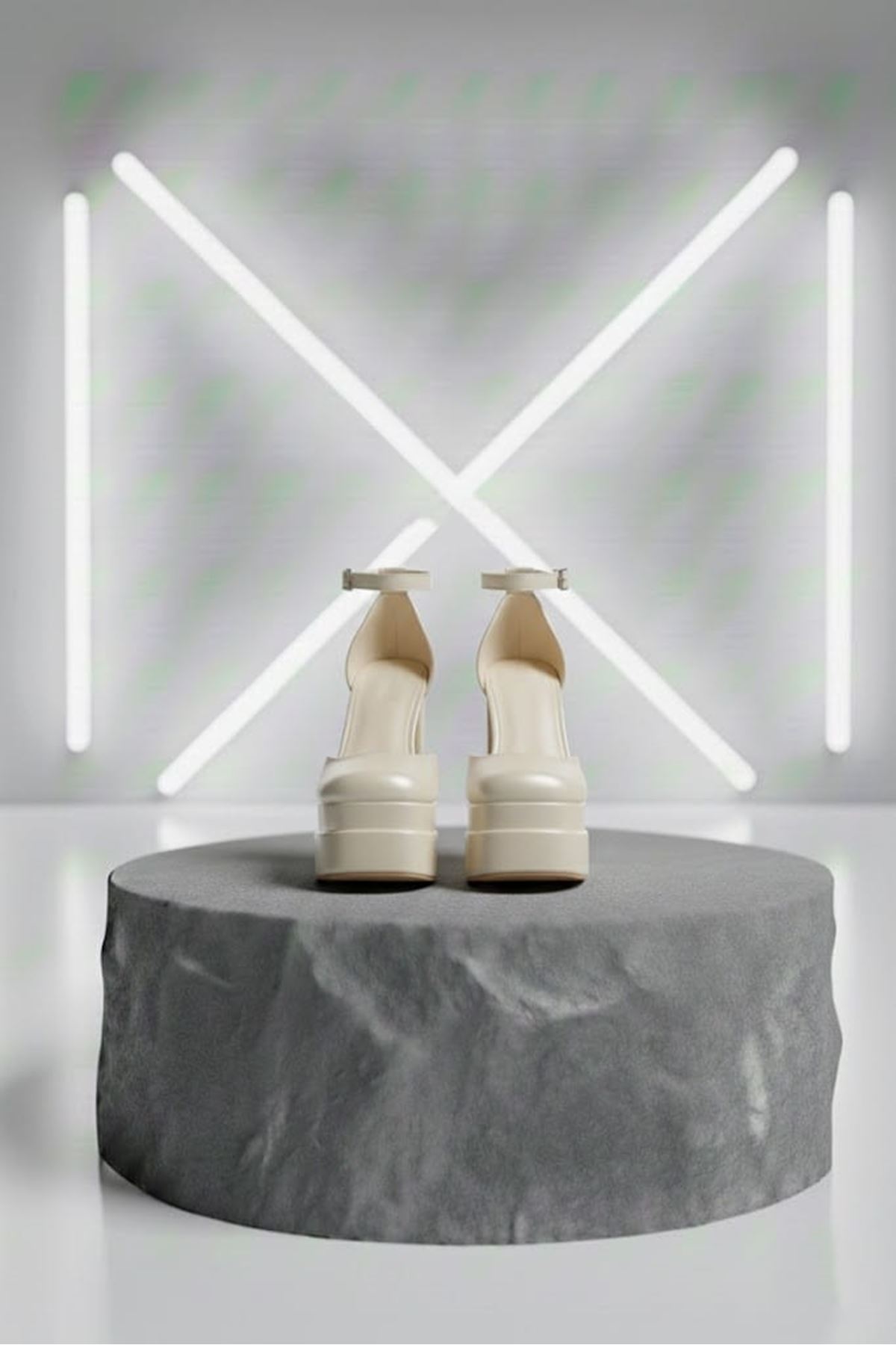 Figooo Sedef Cilt Abiye Çift Platformlu Kalın Topuklu Kadın Ayakkabı / Bilekten Bağlamalı Küt Burun