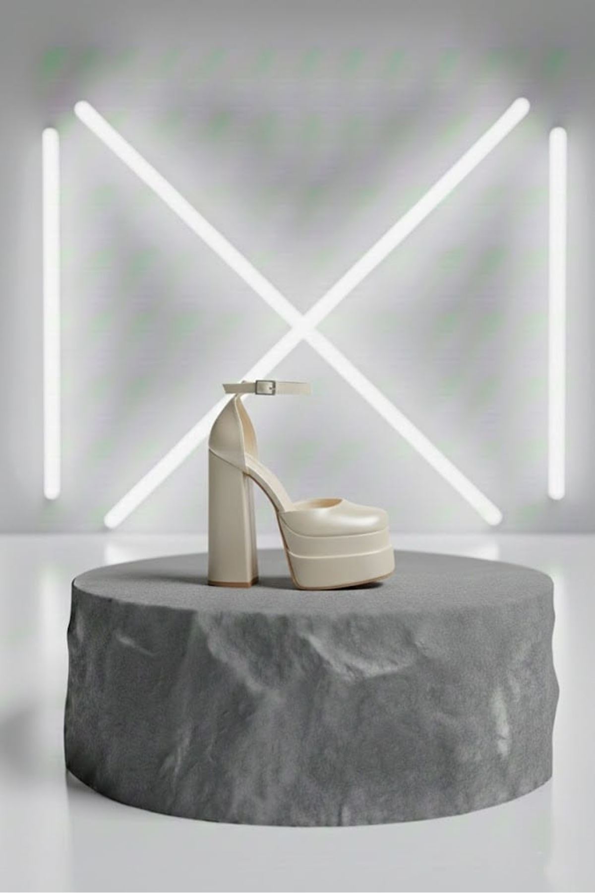 Figooo Sedef Cilt Abiye Çift Platformlu Kalın Topuklu Kadın Ayakkabı / Bilekten Bağlamalı Küt Burun