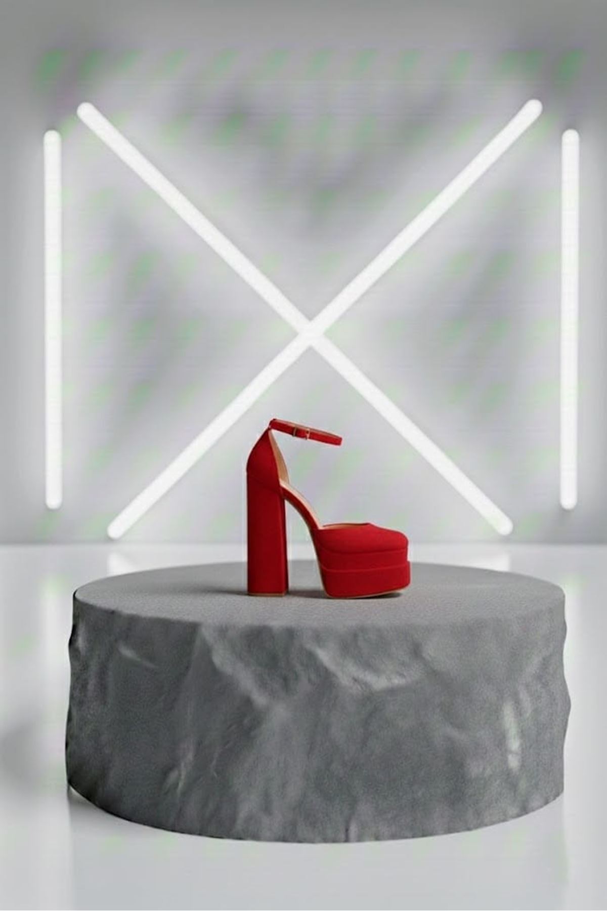 Figooo Kırmızı Süet Çift Platformlu Kalın Topuklu Kadın Ayakkabı / Bilekten Bağlamalı Küt Burun