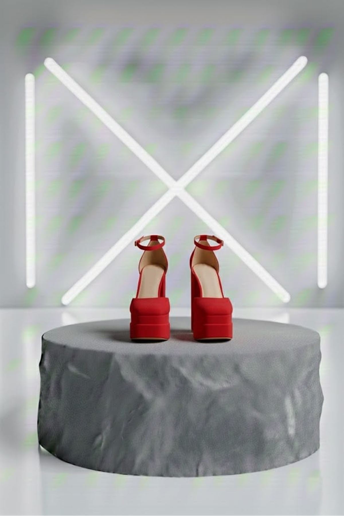 Figooo Kırmızı Süet Çift Platformlu Kalın Topuklu Kadın Ayakkabı / Bilekten Bağlamalı Küt Burun