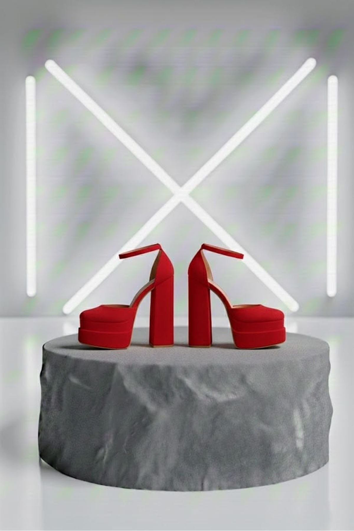 Figooo Kırmızı Süet Çift Platformlu Kalın Topuklu Kadın Ayakkabı / Bilekten Bağlamalı Küt Burun