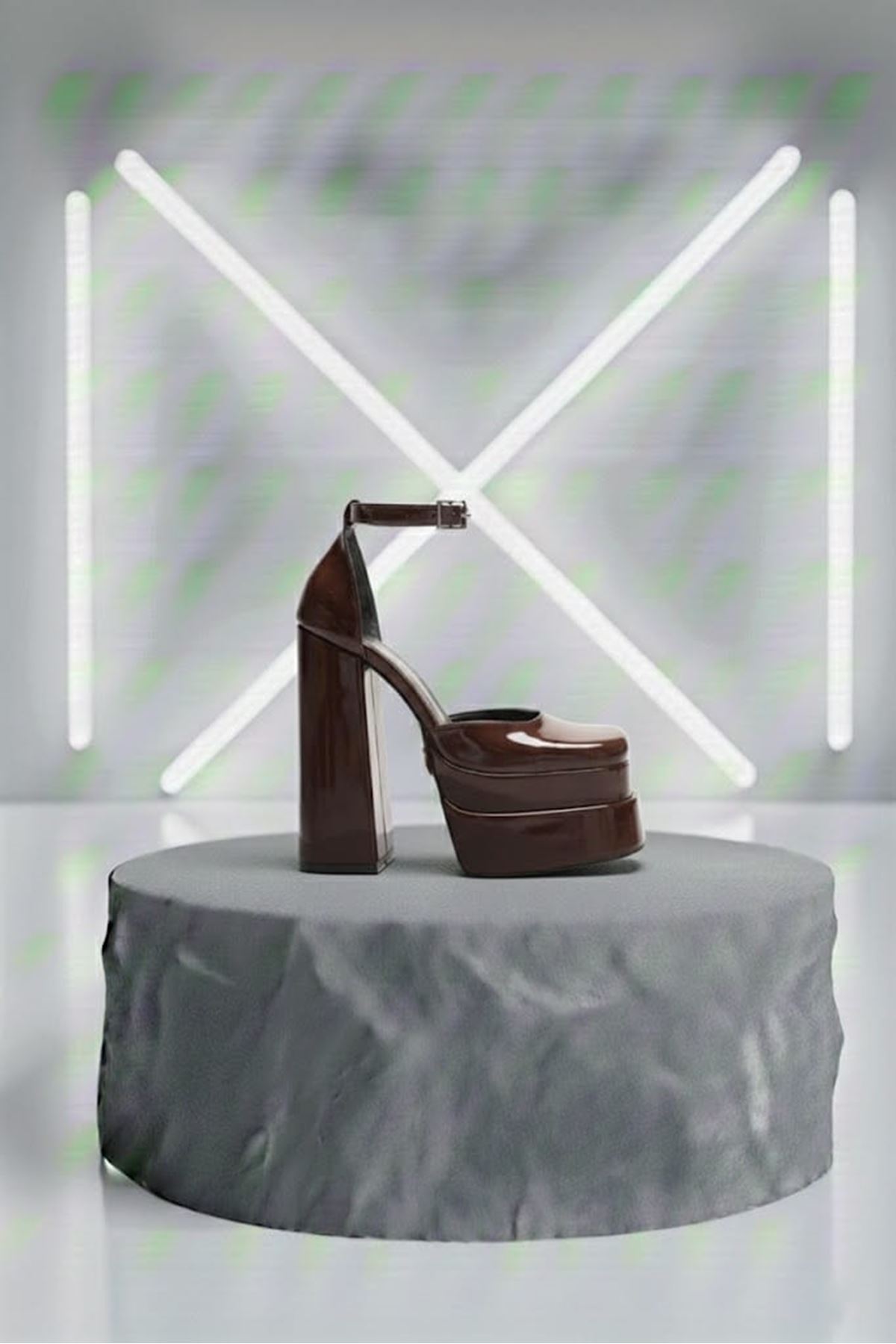 Figooo Kahve Rugan Çift Platformlu Kalın Topuklu Kadın Ayakkabı / Bilekten Bağlamalı Küt Burun