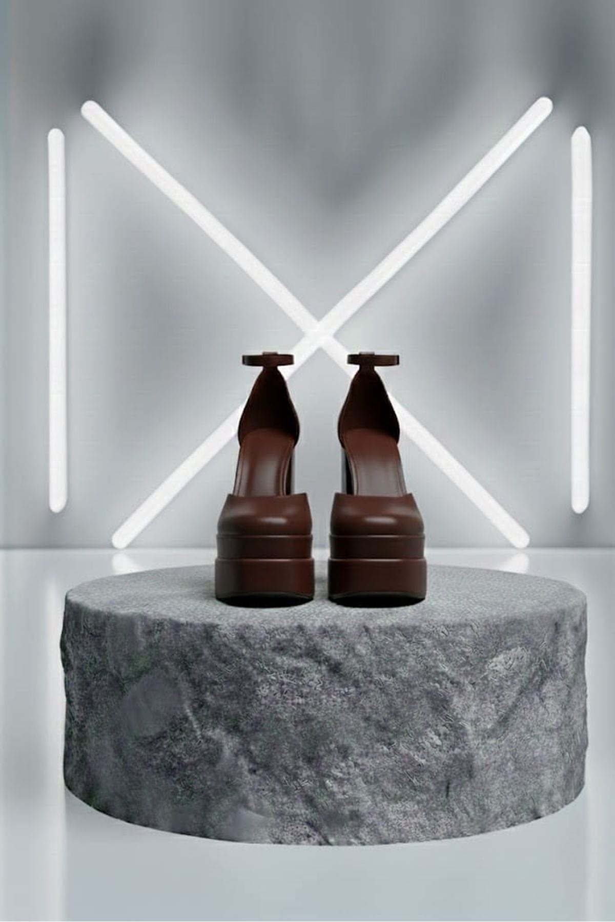 Figooo Kahve Cilt Çift Platformlu Kalın Topuklu Kadın Ayakkabı / Bilekten Bağlamalı Küt Burun