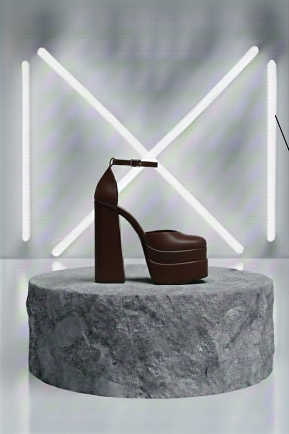 Figooo Kahve Cilt Çift Platformlu Kalın Topuklu Kadın Ayakkabı / Bilekten Bağlamalı Küt Burun