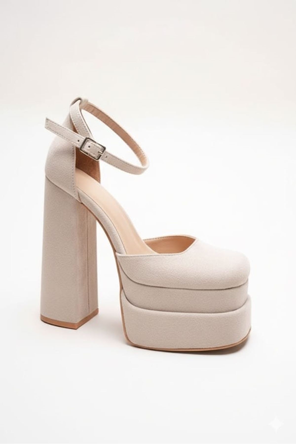 Figooo Bej Süet Çift Platformlu Kalın Topuklu Kadın Ayakkabı / Bilekten Bağlamalı Küt Burun