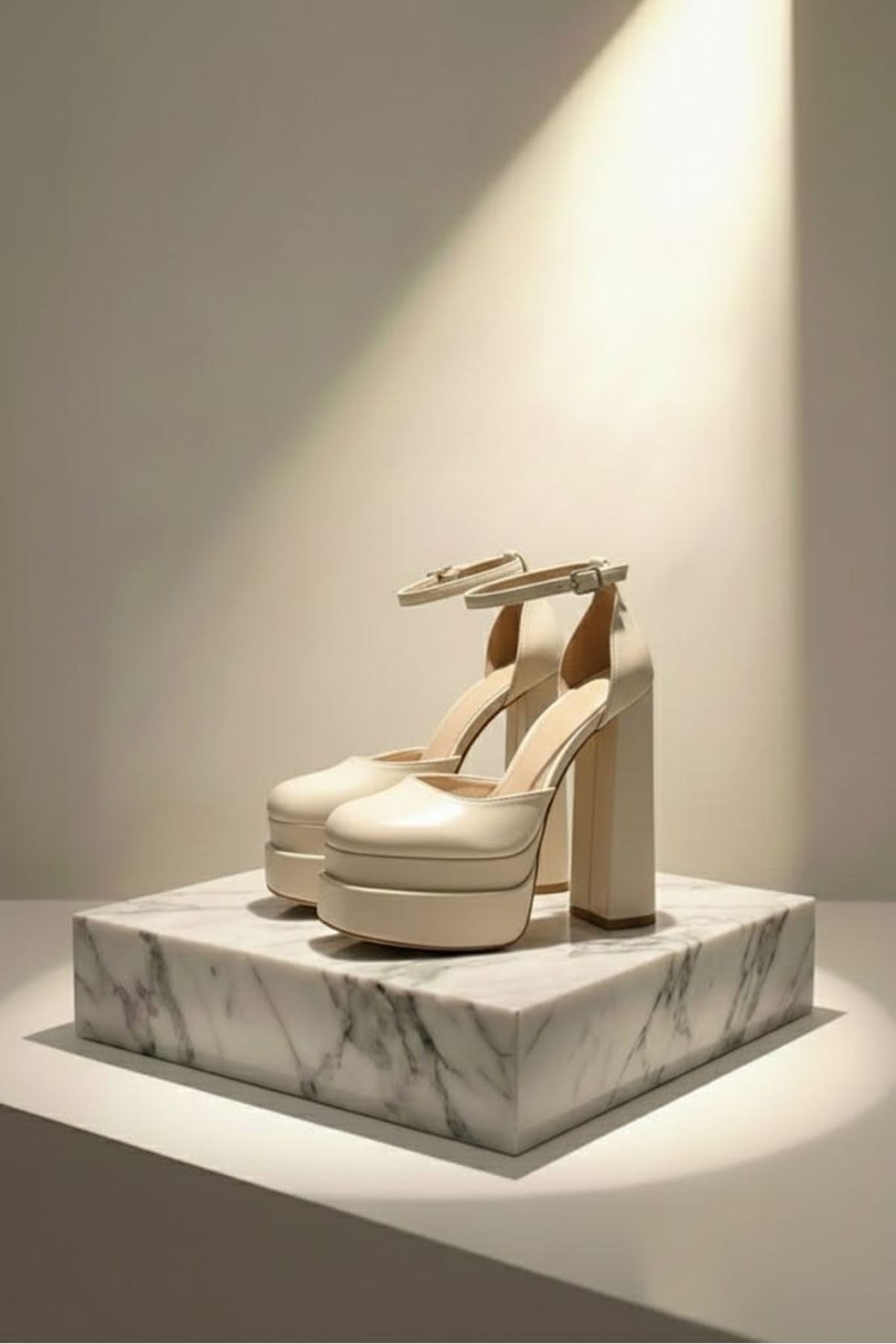 Figooo Bej Cilt Çift Platformlu Kalın Topuklu Kadın Ayakkabı / Bilekten Bağlamalı Küt Burun