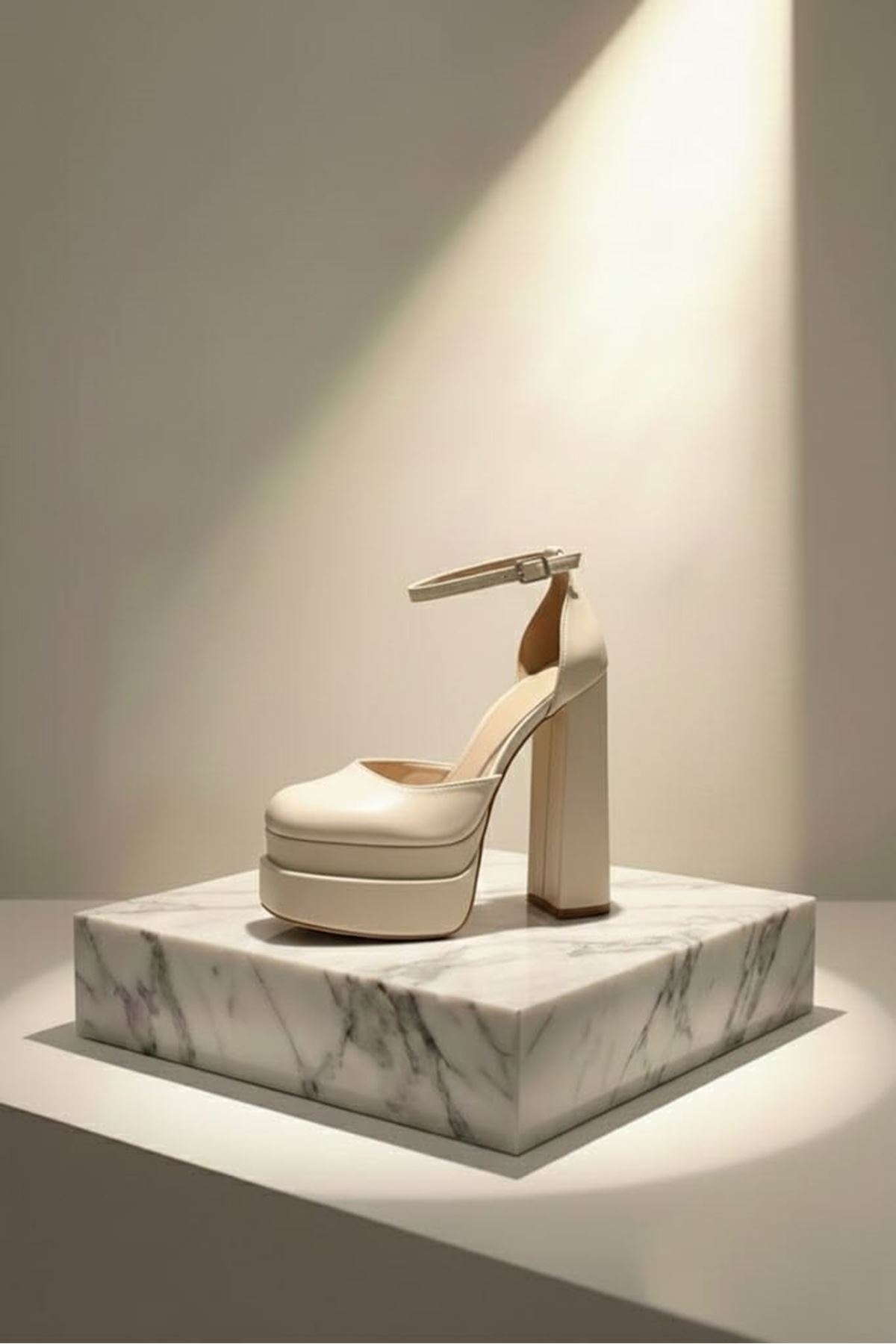 Figooo Bej Cilt Çift Platformlu Kalın Topuklu Kadın Ayakkabı / Bilekten Bağlamalı Küt Burun