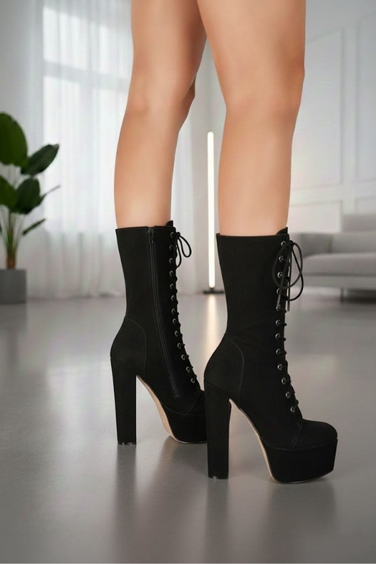 Duke Siyah Süet Platfrom Kalın Topuklu Kadın Bot