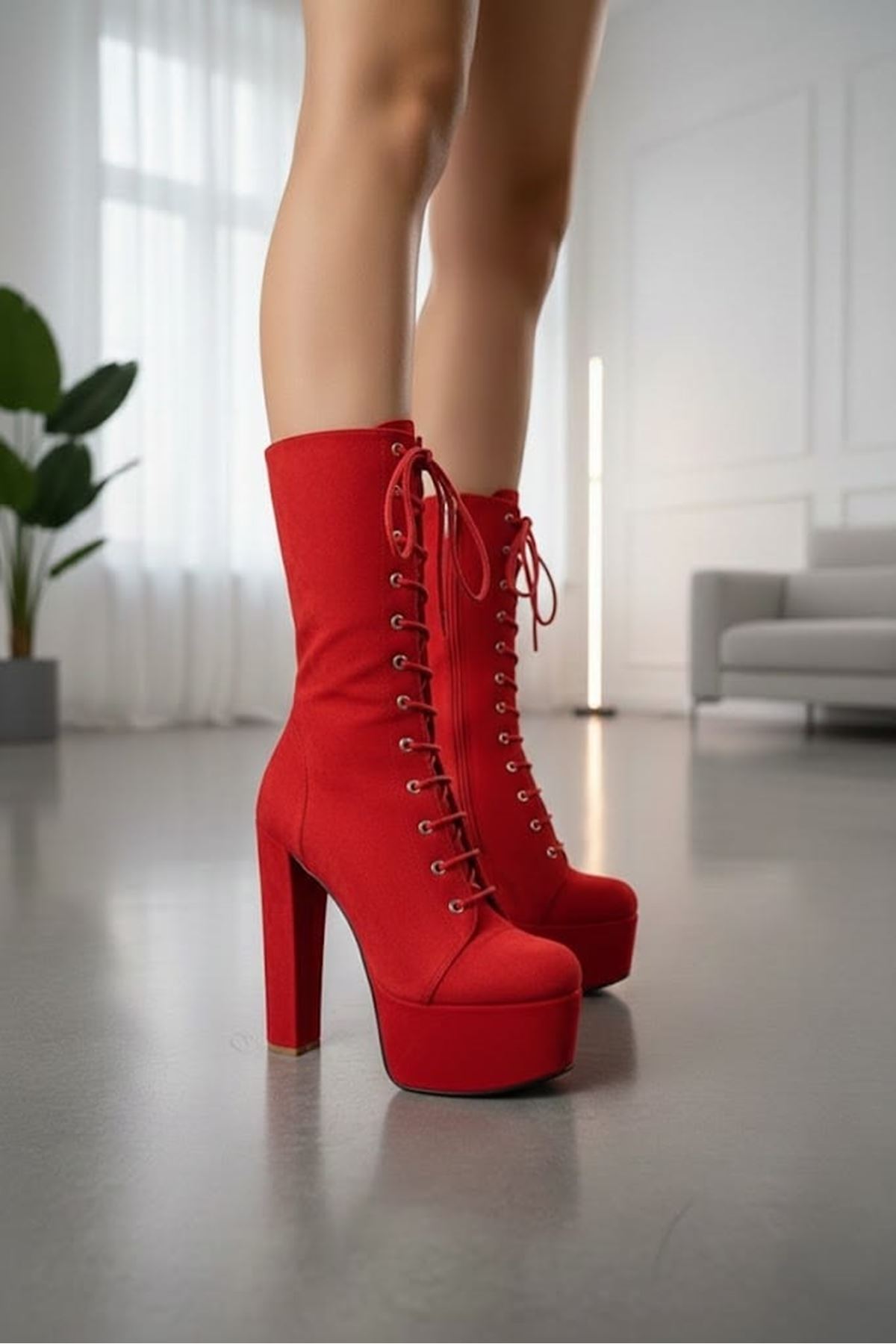 Duke Kırmızı Süet Platfrom Kalın Topuklu Kadın Bot