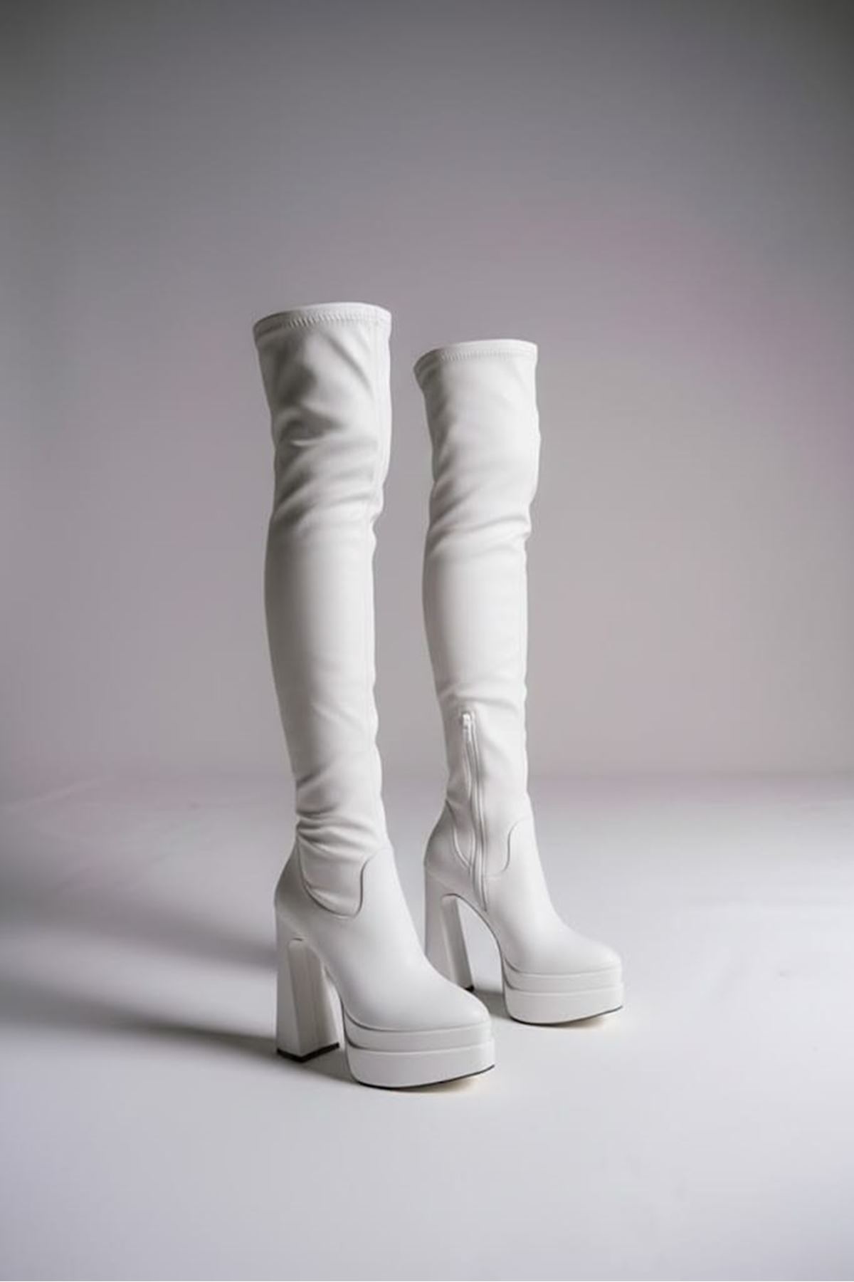 Breweryyy Beyaz Cilt Kadın Çift Platform Yüksek Topuklu Diz Üstü Çizme