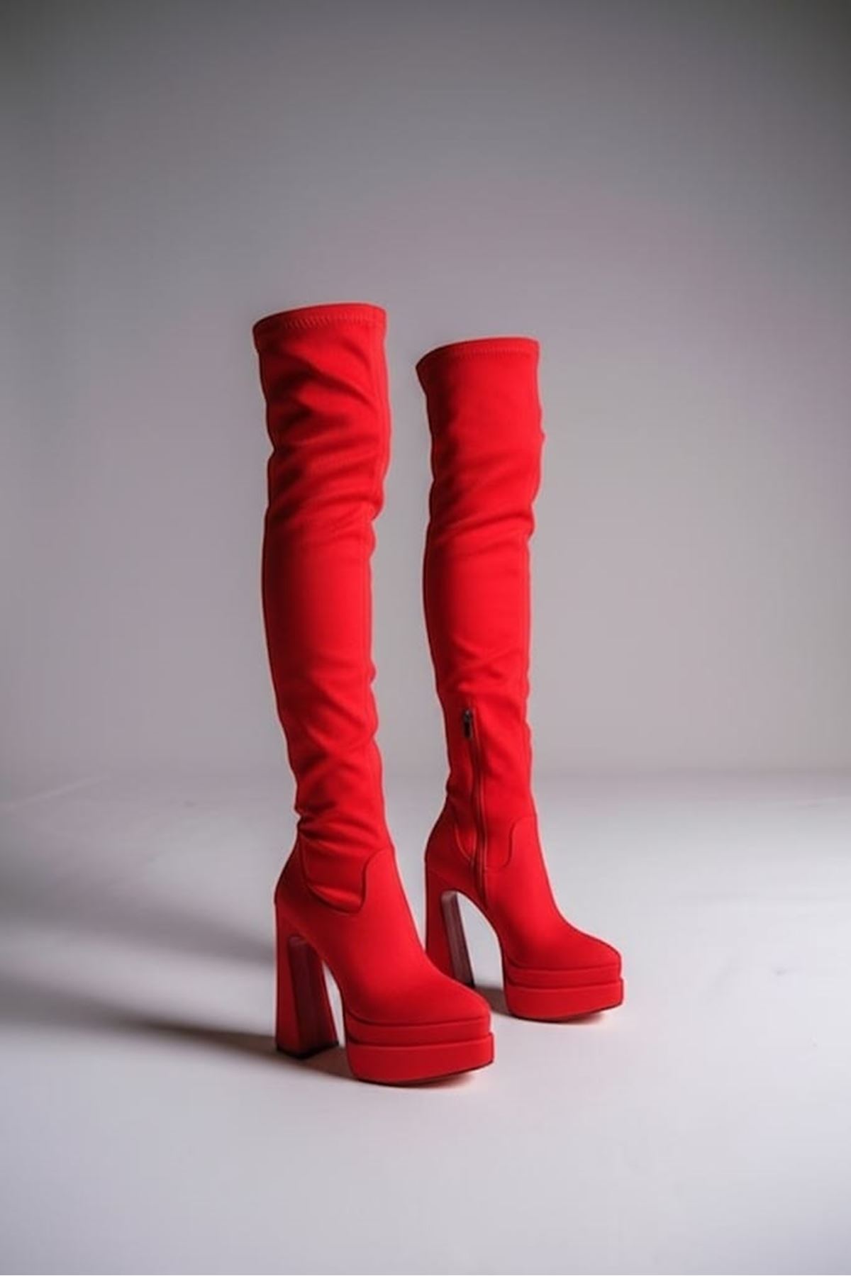 Breweryyy Kırmızı Süet Kadın Çift Platform Yüksek Topuklu Diz Üstü Çizme