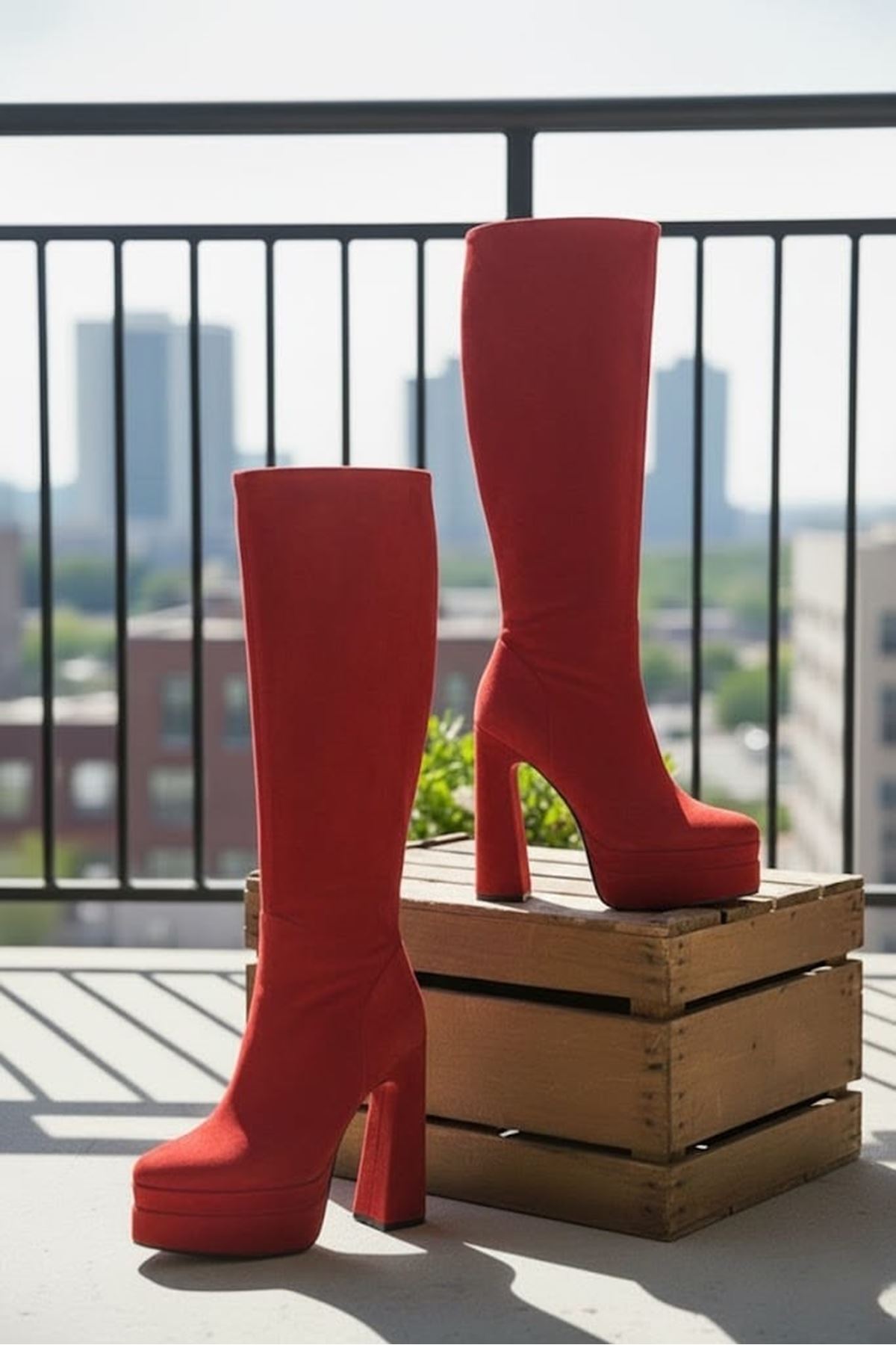 Jollyyy Kırmızı Süet Kadın Çift Platform Yüksek Topuklu Çizme