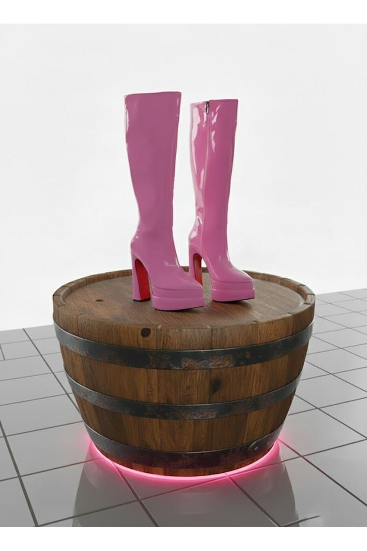 Jollyyy Pembe Rugan Kadın Çift Platform Yüksek Topuklu Çizme