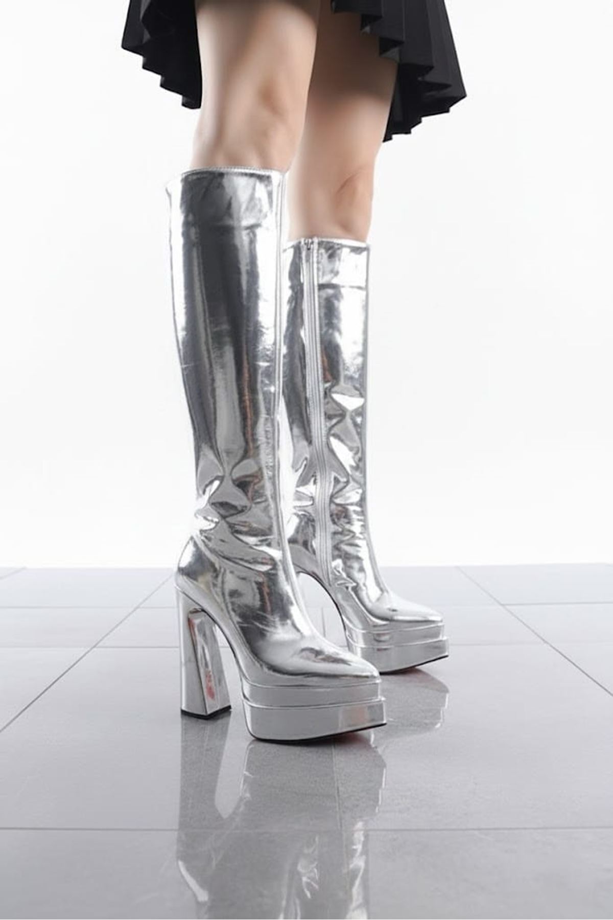 Jollyyy Gümüş Ayna Kadın Çift Platform Yüksek Topuklu Çizme