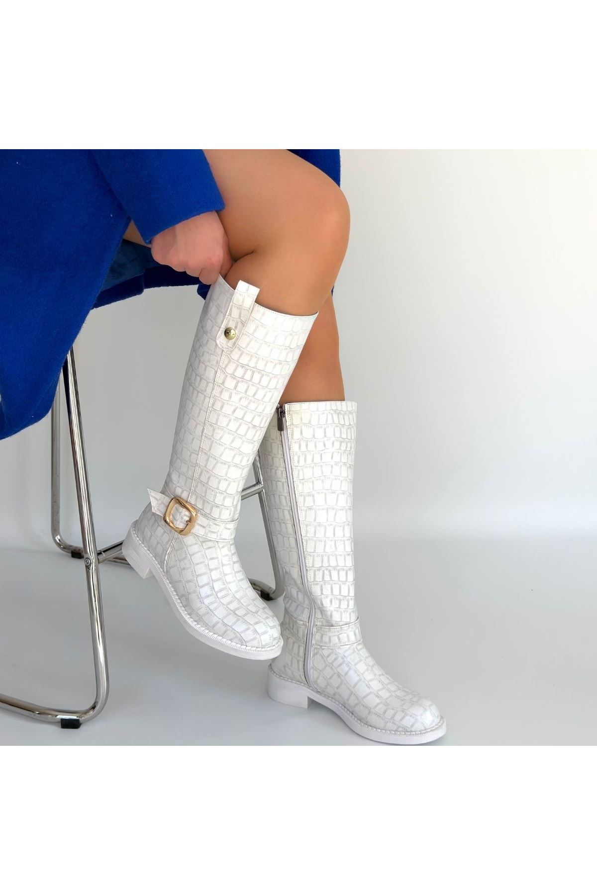 Metta Beyaz Cilt Desenli Çizme