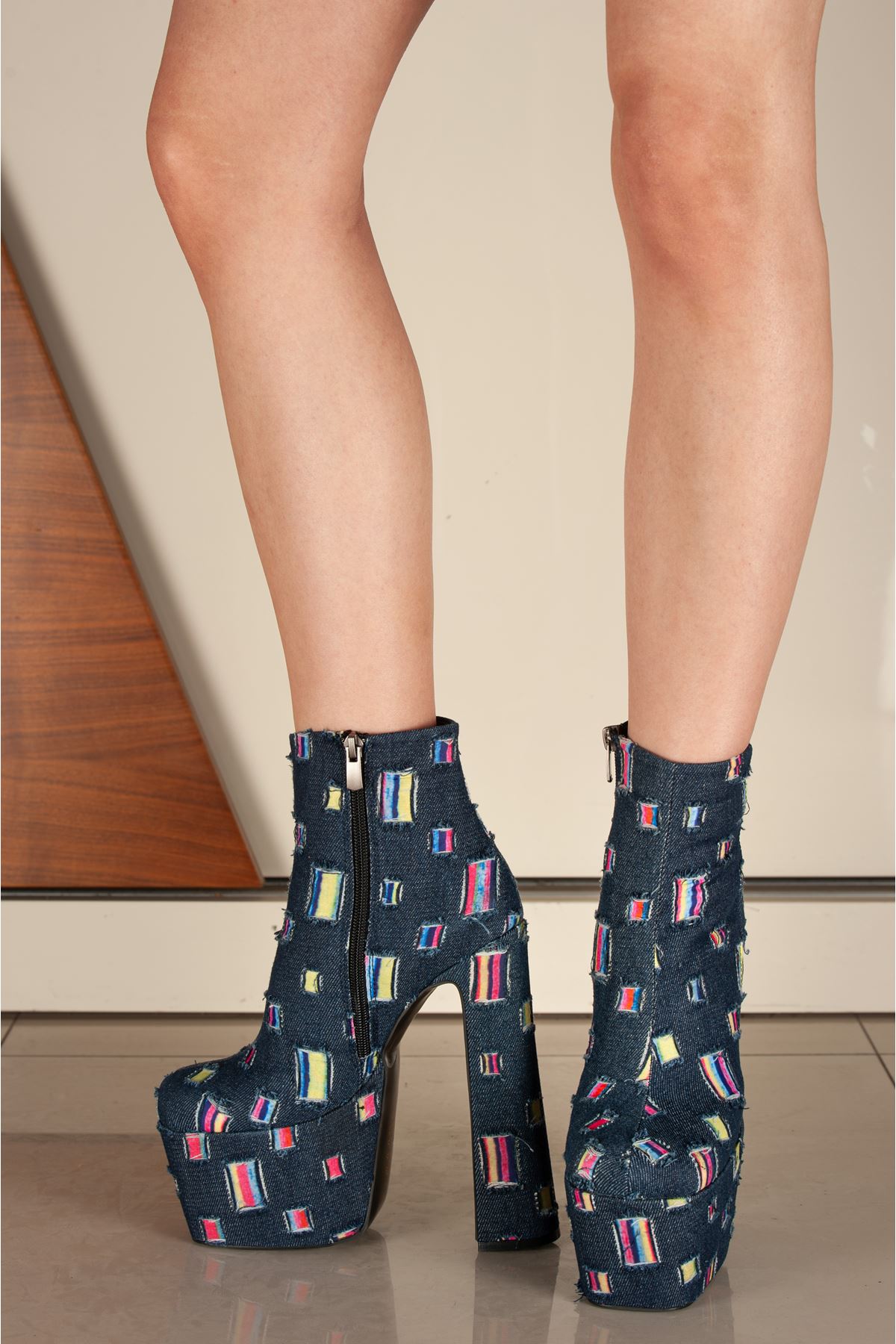 Ecosi Desenli Kot Kadın Fermuarlı Yüksek Platform Bot