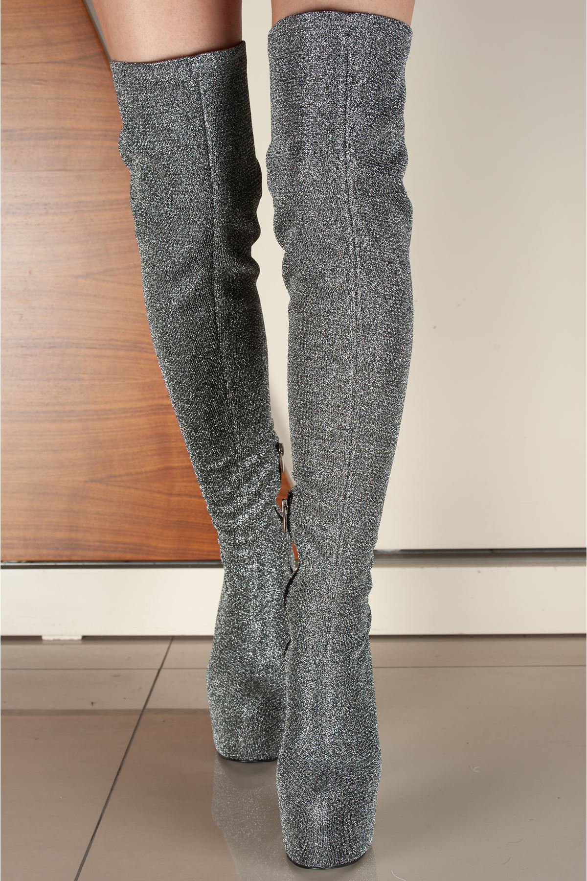 Merlin Simli Gri Kadın İnce Topuk Yüksek Diz Üstü Streç Çizme