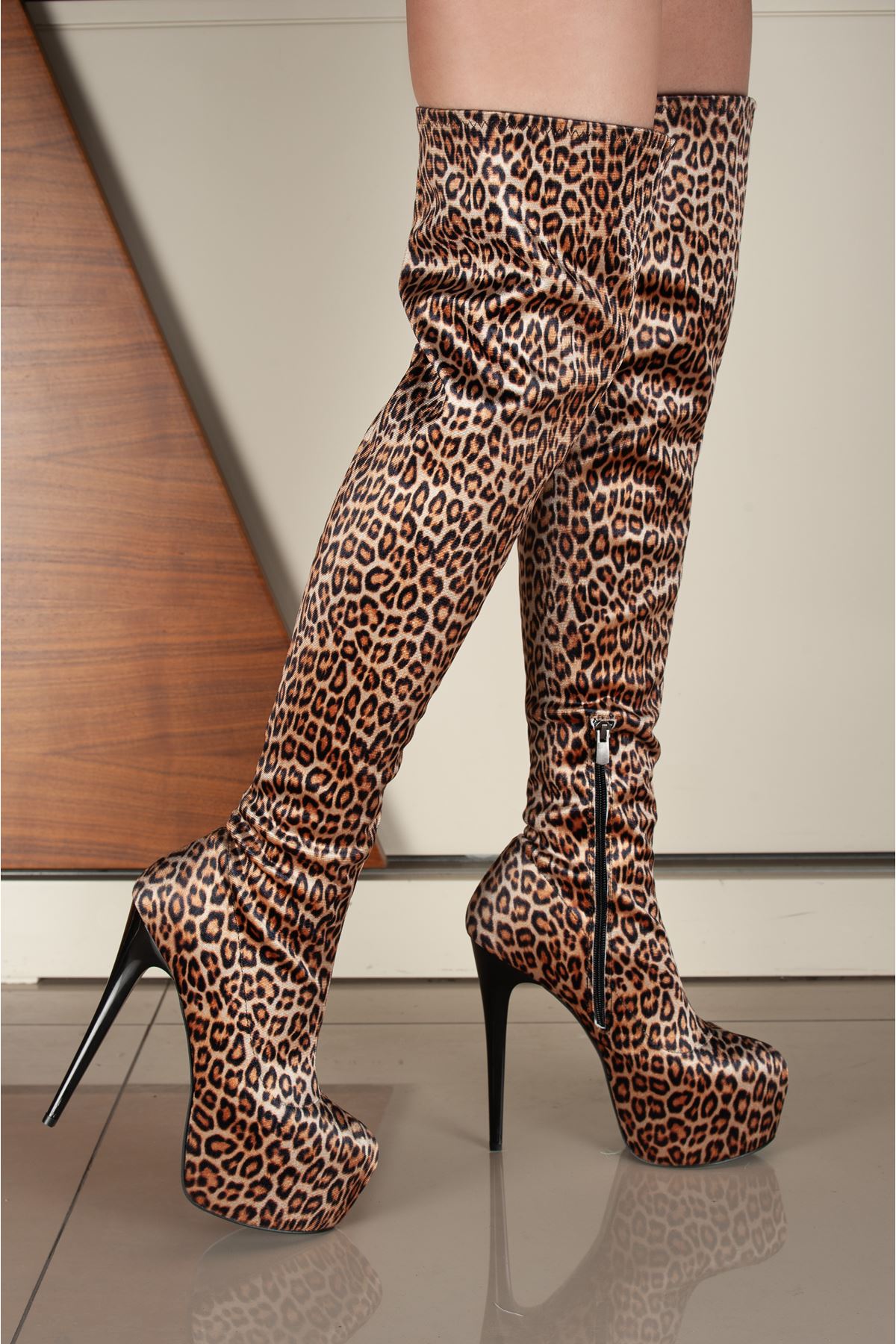 Merlin Leopar Süet Kadın İnce Topuk Yüksek Diz Üstü Streç Çizme