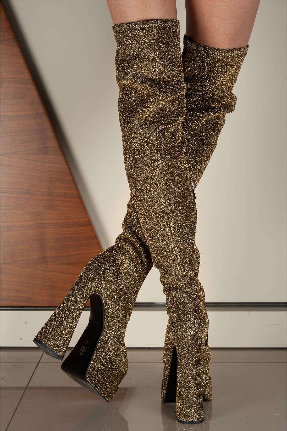 Brewery Altın simli Çift Platform Tasarım Kadın Çizme Yüksek Topuklu Ayakkabı