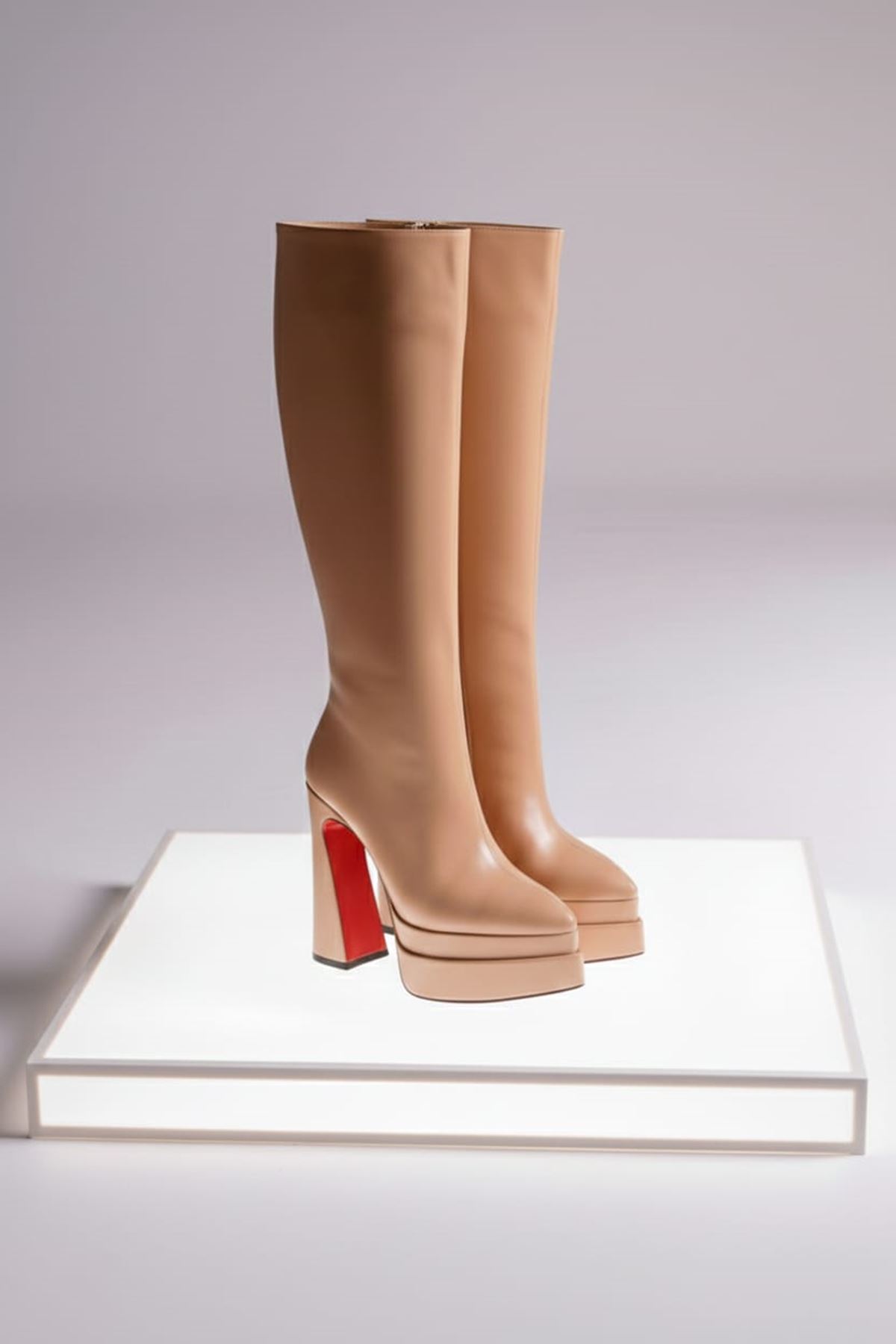 Jollyyy Nude Cilt Kadın Çift Platform Yüksek Topuklu Çizme