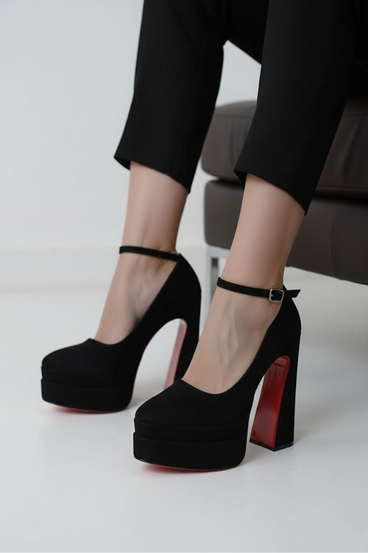 Rigelssss Siyah Süet Çift Platform Özel Tasarım Kadın Ayakkabı