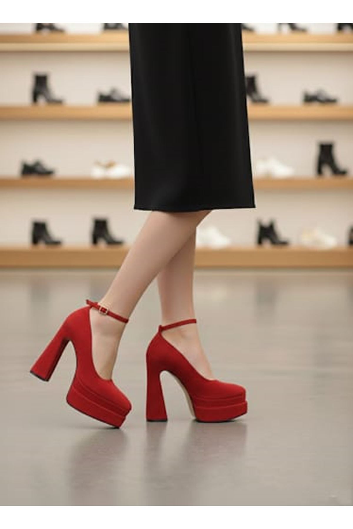 Rigelssss Kırmızı Süet Çift Platform Özel Tasarım Kadın Ayakkabı