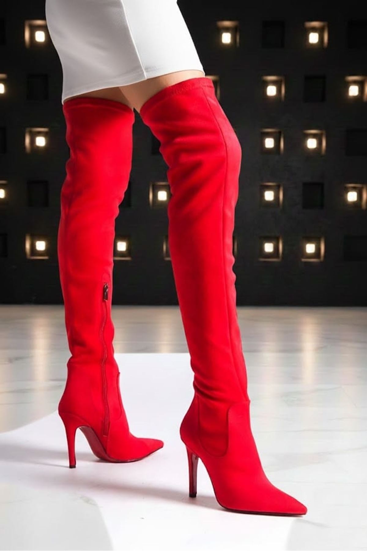 Anjelikaaa Kırmızı Süet Kadın Yarım Fermuar Diz Üstü Streç Çizme