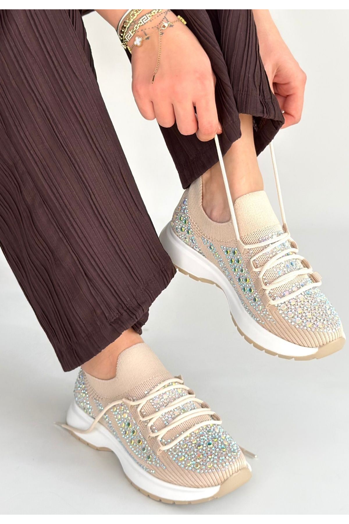 Ceas Bej Triko Bağcıklı Spor Ayakkabı