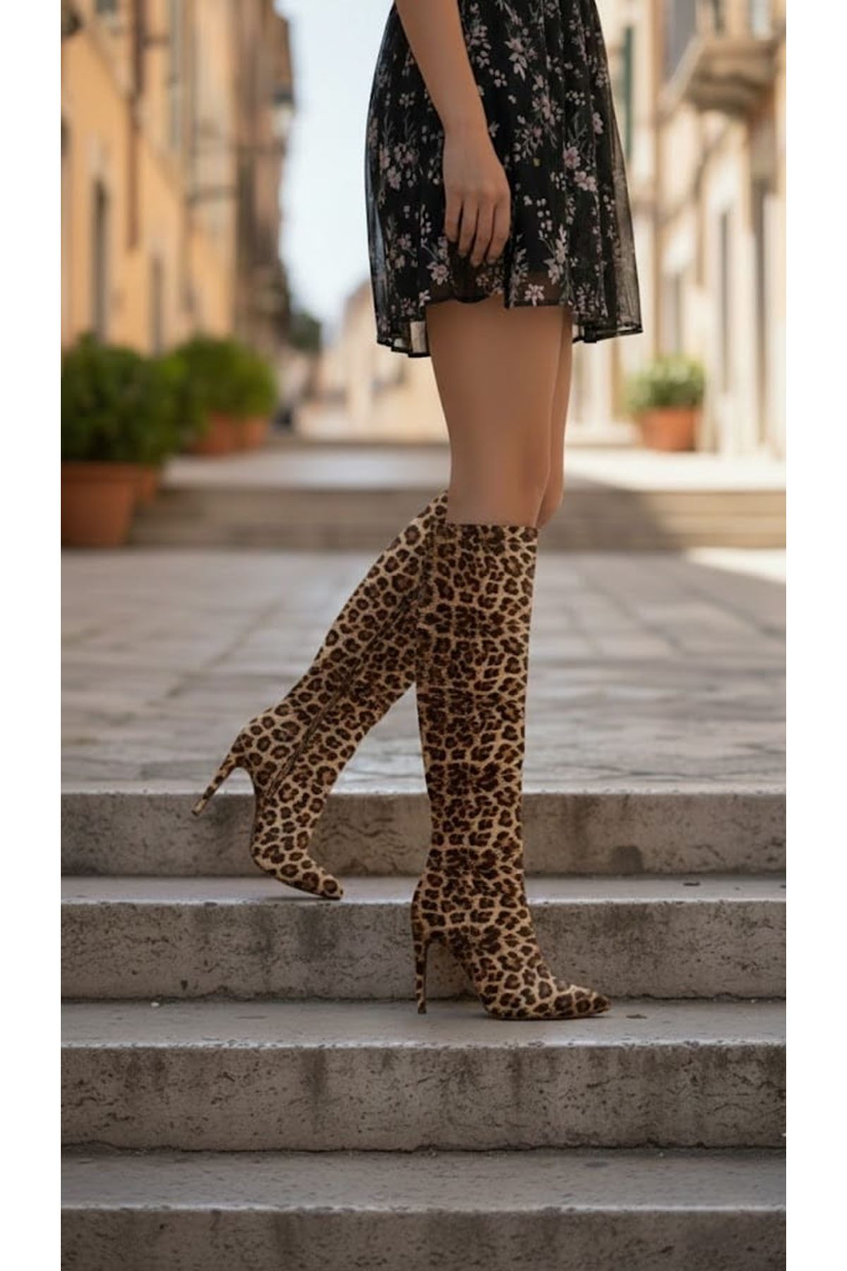 Limbooo Leopar Rugan Kadın Sivri Burun Yüksek Topuklu Diz Altı Çizme