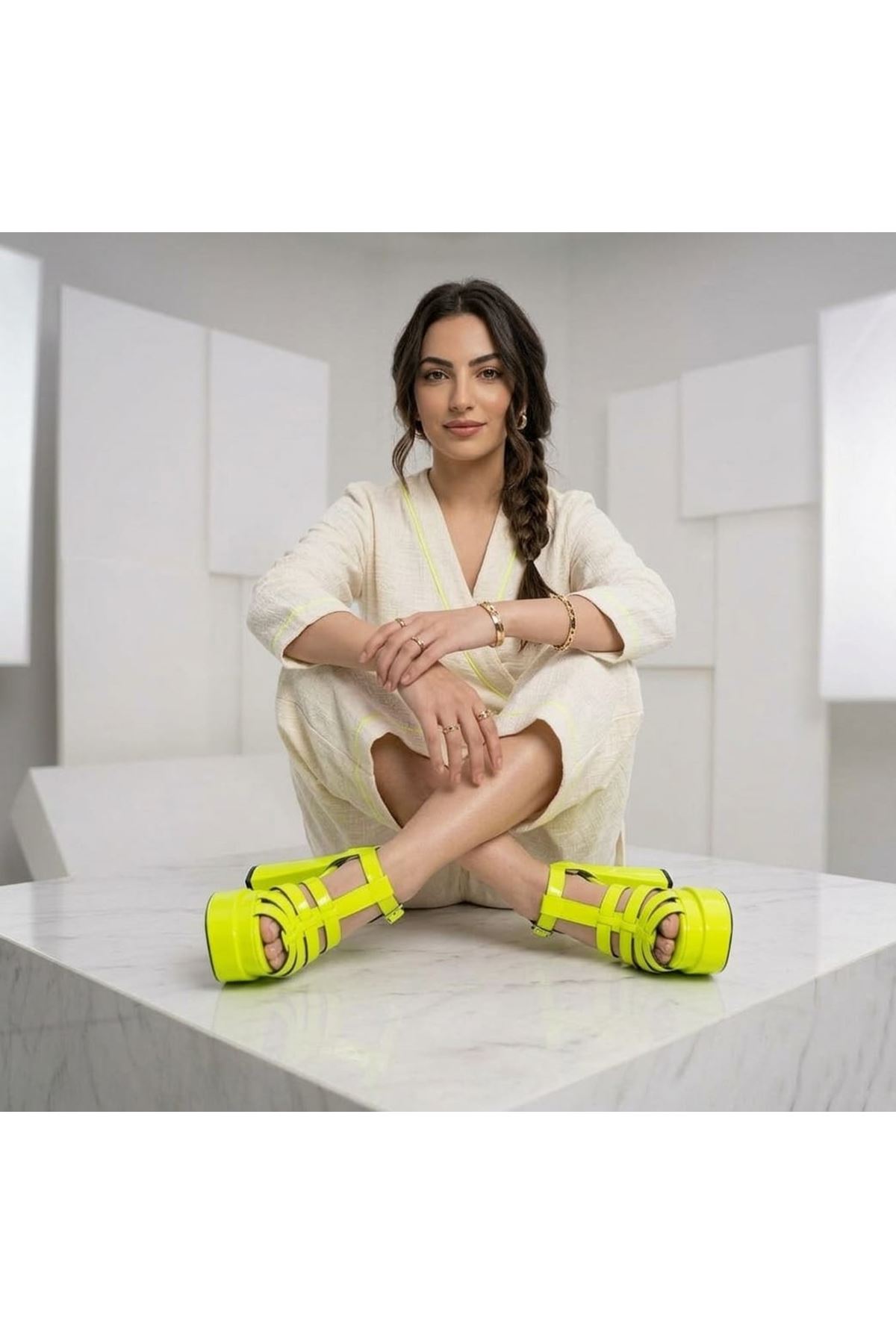 Camila Neon Sarı Çift Platform Tasarım Kadın Ayakkabı 