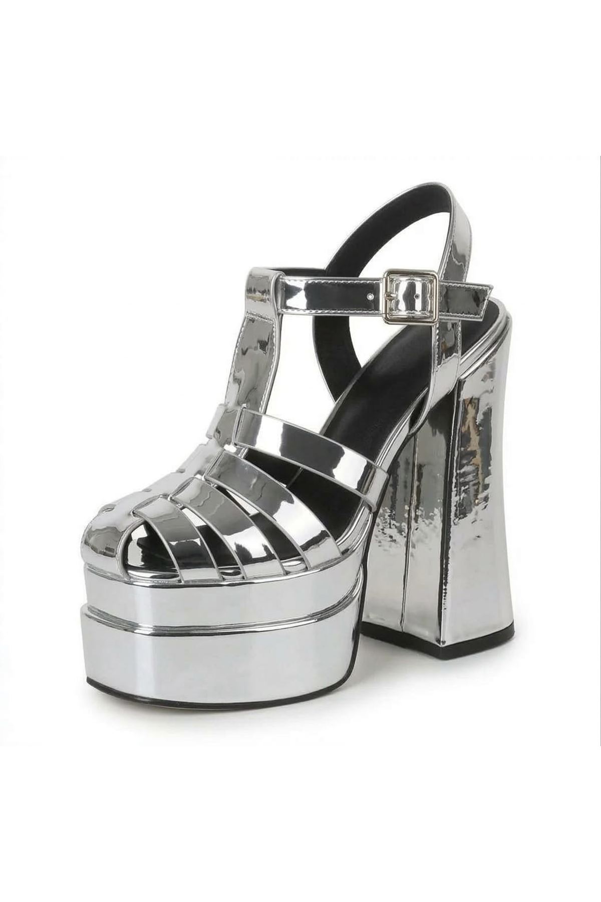 Camila Gümüş Ayna Çift Platform Tasarım Kadın Ayakkabı