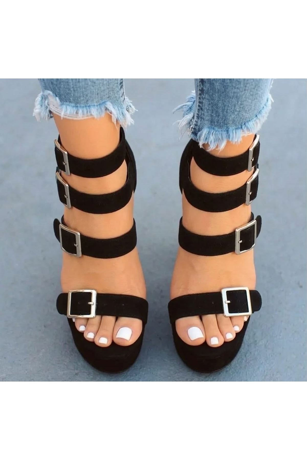 Vesper Kadın Siyah Süet Tokalı Topuklu Ayakkabı