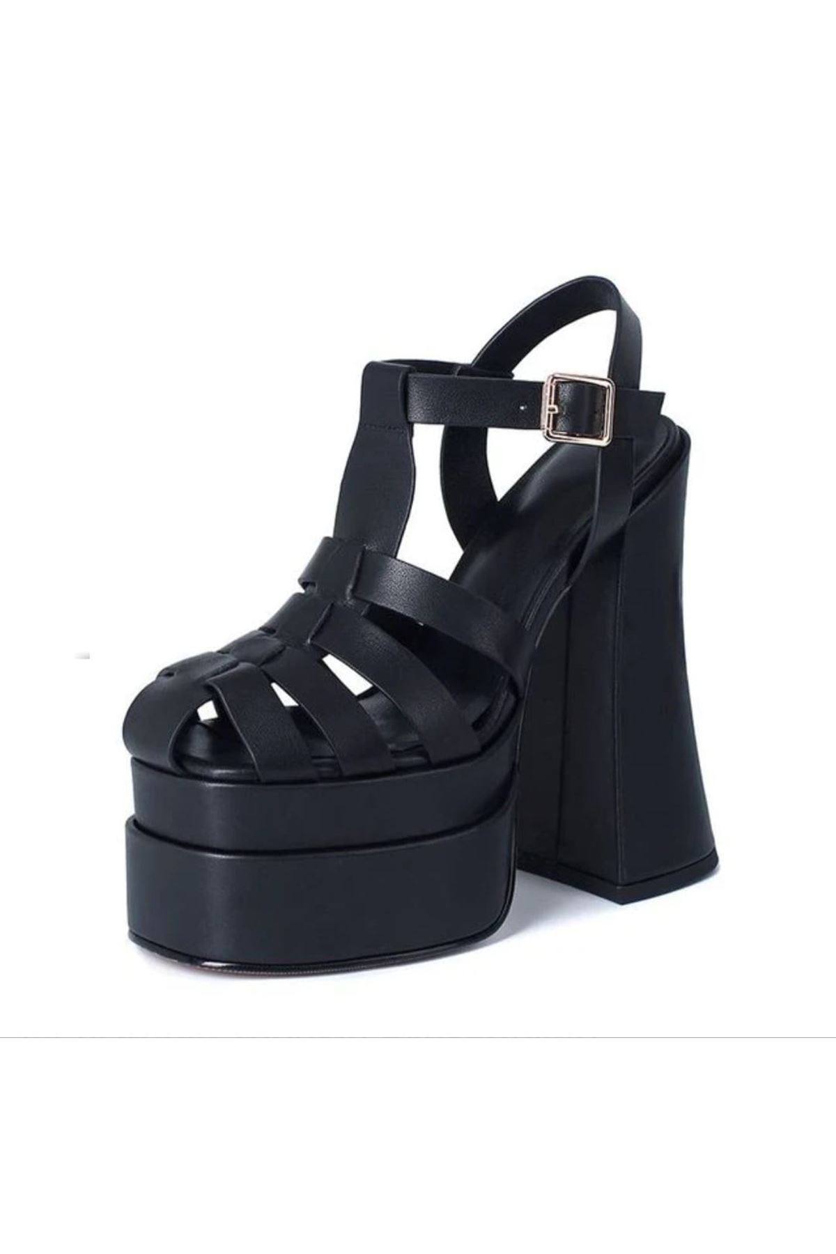 Camila Siyah Deri Çift Platform Tasarım Kadın Ayakkabı