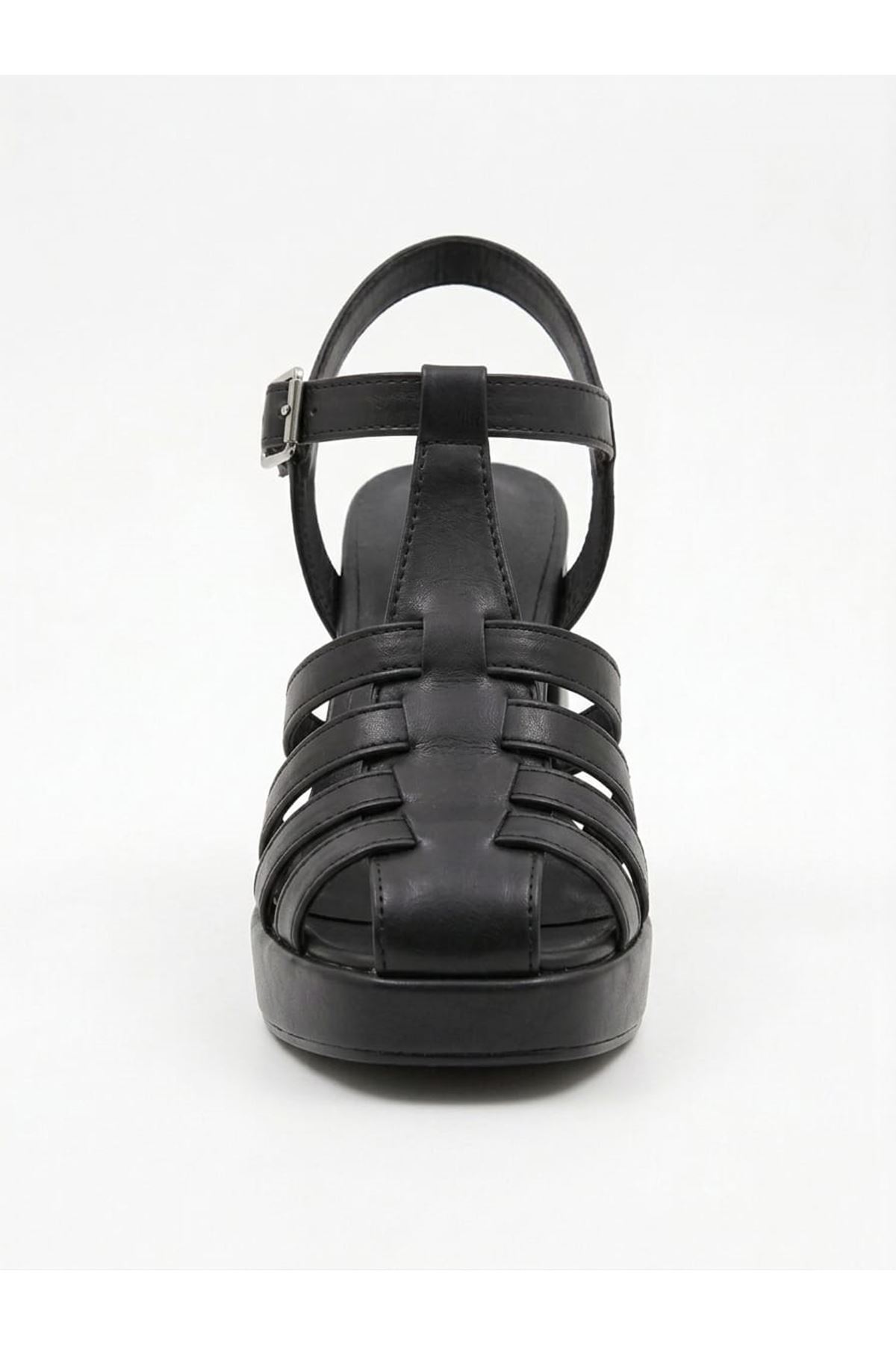 Çita Siyah Cilt Gladyatör Kadın Topuklu Ayakkabı