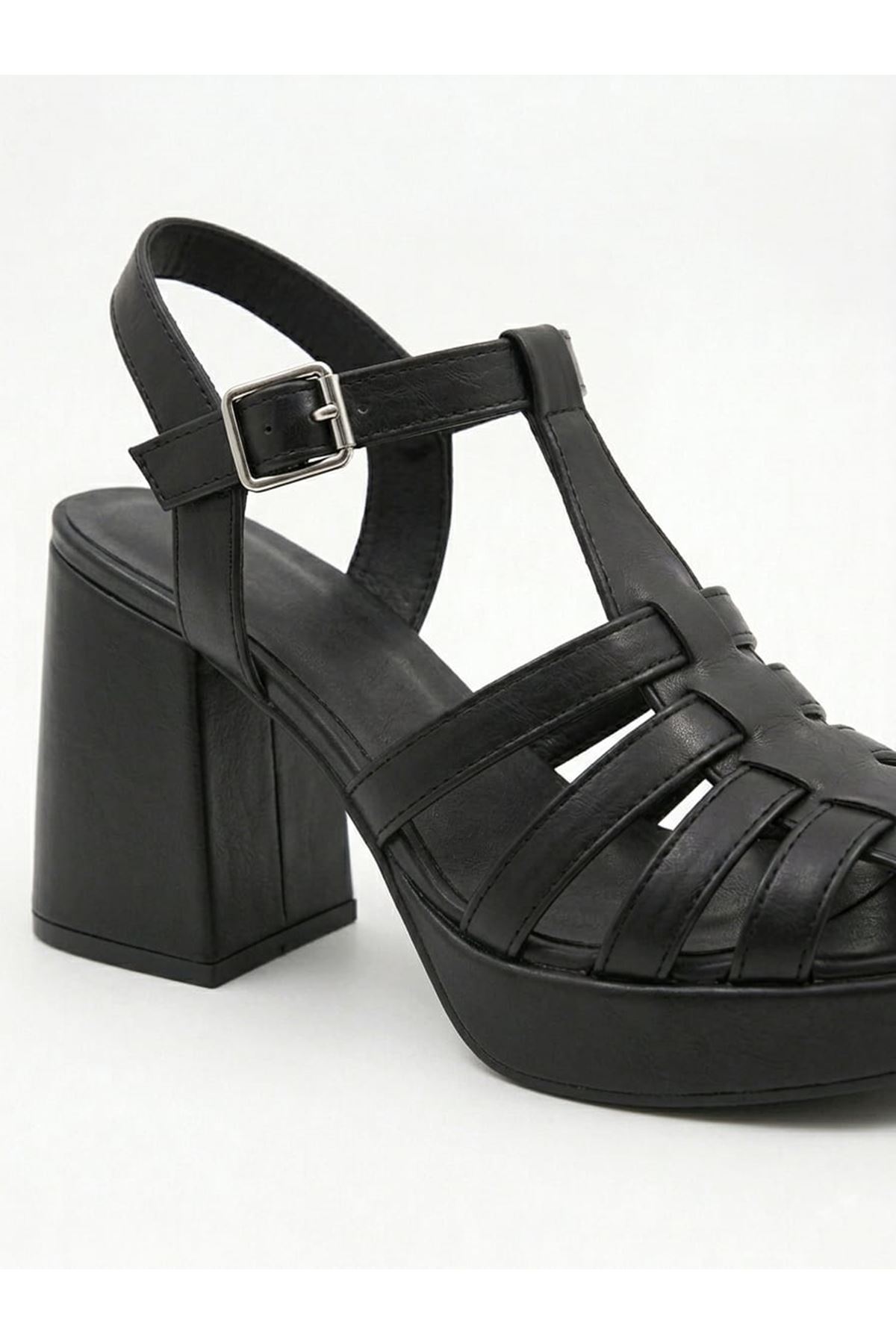 Çita Siyah Cilt Gladyatör Kadın Topuklu Ayakkabı