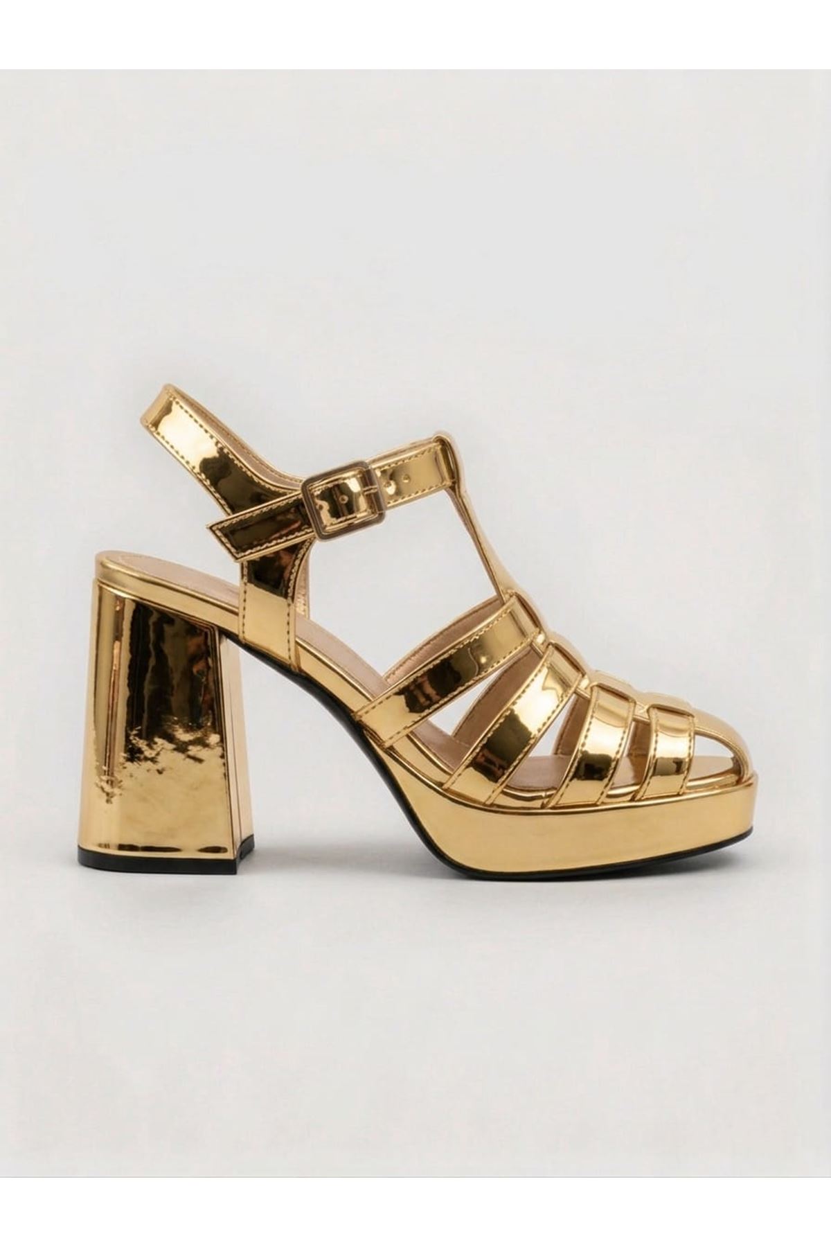 Çita Gold Ayna Cilt Gladyatör Kadın Topuklu Ayakkabı