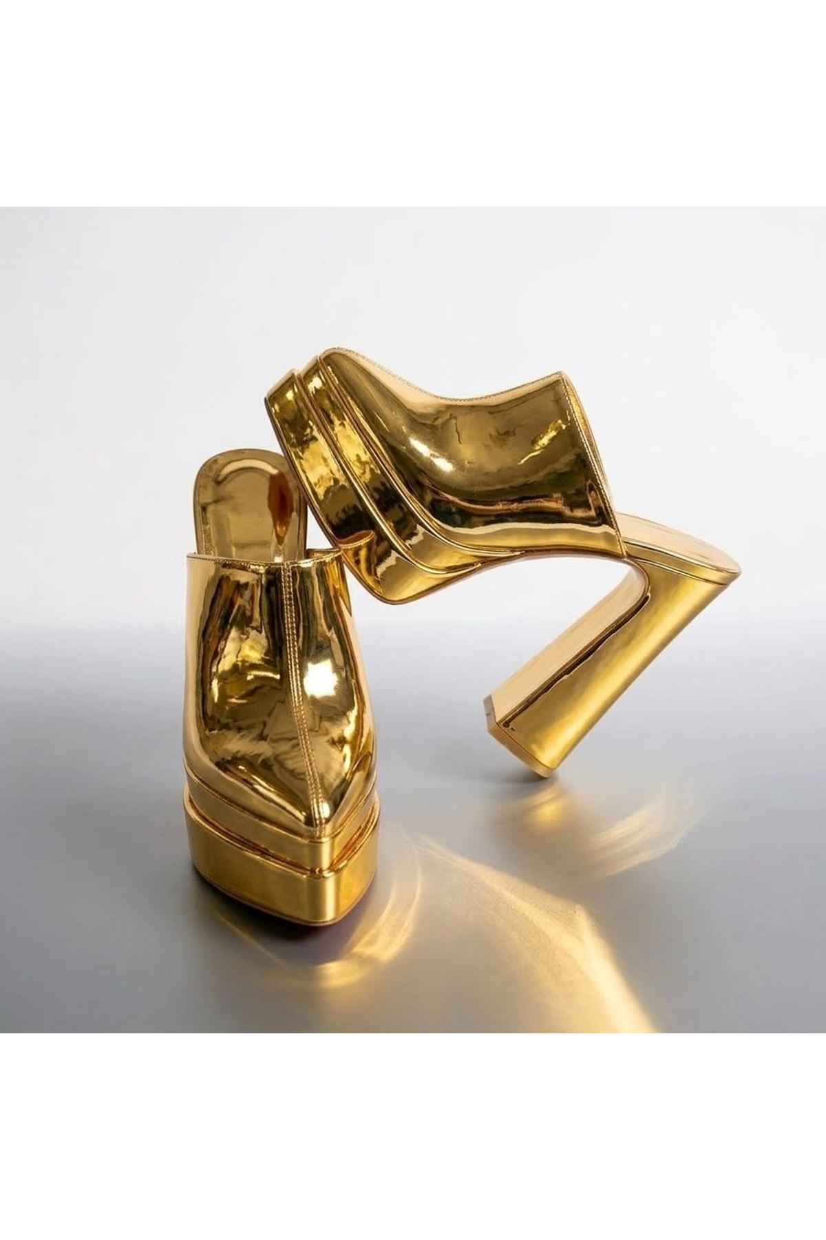 Sorti Gold Ayna Çift Platform Tasarım Burnu Kapalı Kadın Terlik Yüksek Topuklu Ayakkabı