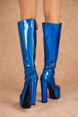 Meysi Fermuarlı Mavi Parlak Yüksek Topuklu Kadın Çizme