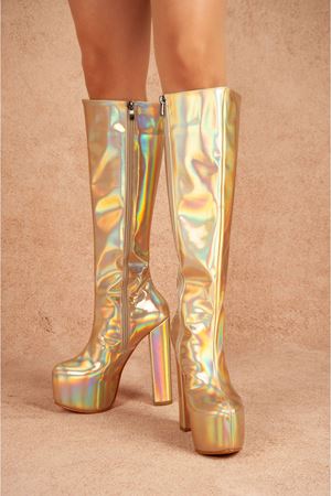 Meysi Fermuarlı Sarı Parlak Yüksek Topuklu Kadın Çizme