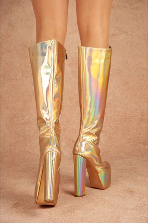 Meysi Fermuarlı Sarı Parlak Yüksek Topuklu Kadın Çizme